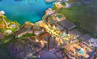 Conceptual artist rendering of a theme park layout, featuring roller coasters, water attractions, and various themed areas, viewed from an aerial perspective at dusk.