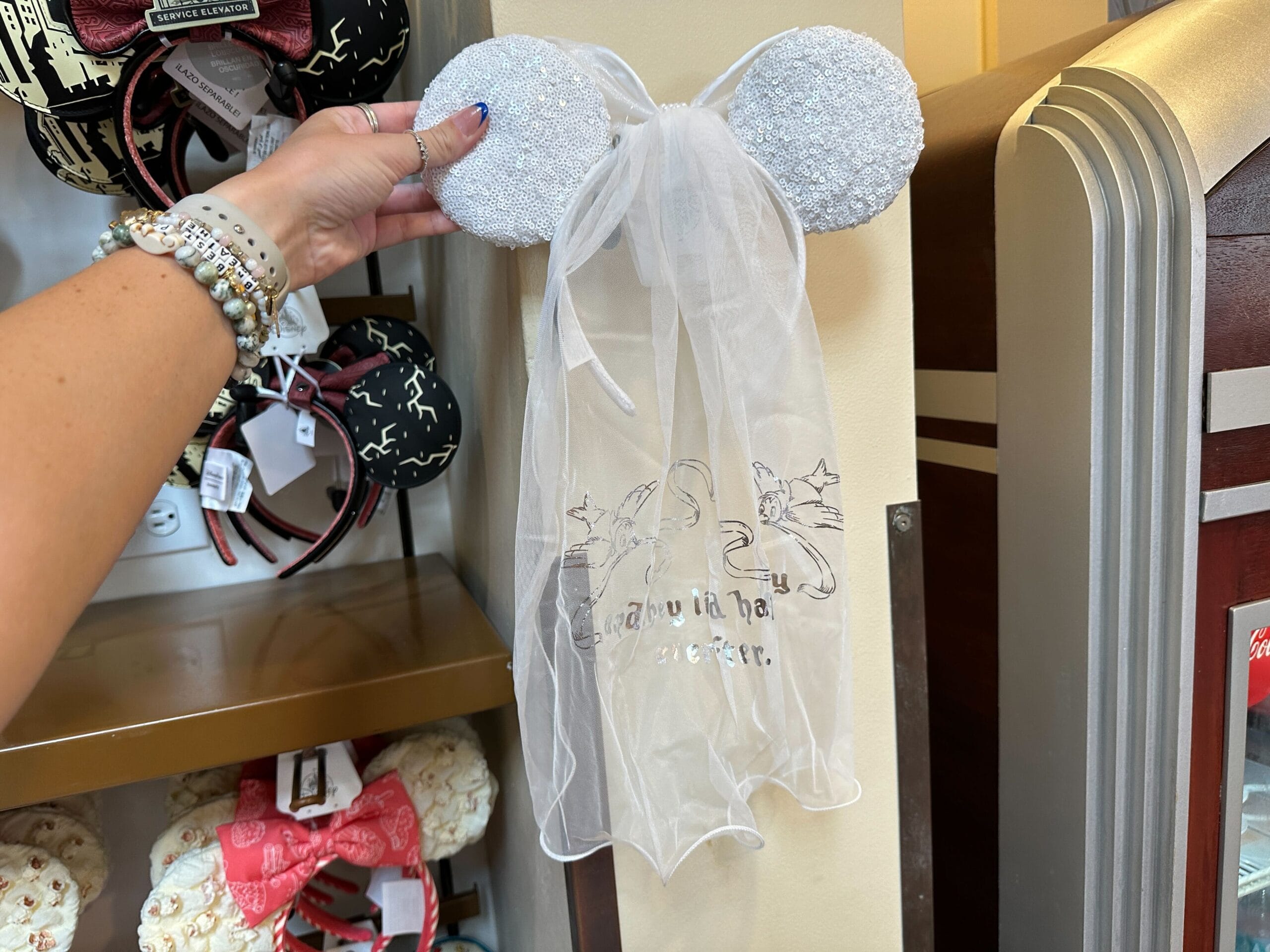A hand holds sparkly white Mickey Mouse ears with a bridal veil and "Happily Ever After" text in silver.