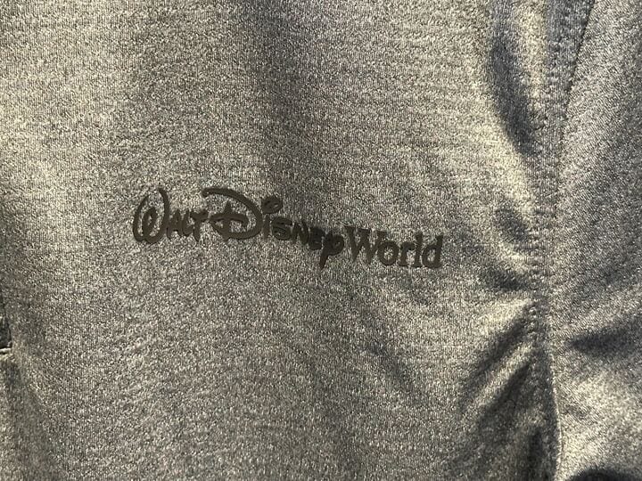 Close-up of gray apparel featuring the "Walt Disney World" logo and a nod to Hollywood Studios in black lettering.