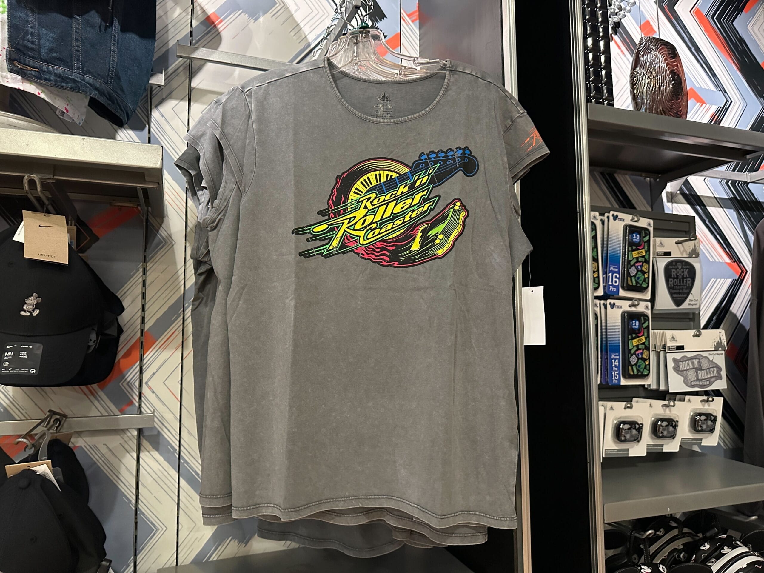 Gray T-shirt with a colorful Rock 'n' Roller Coaster graphic, spotted as new merch at Disney's Hollywood Studios.
