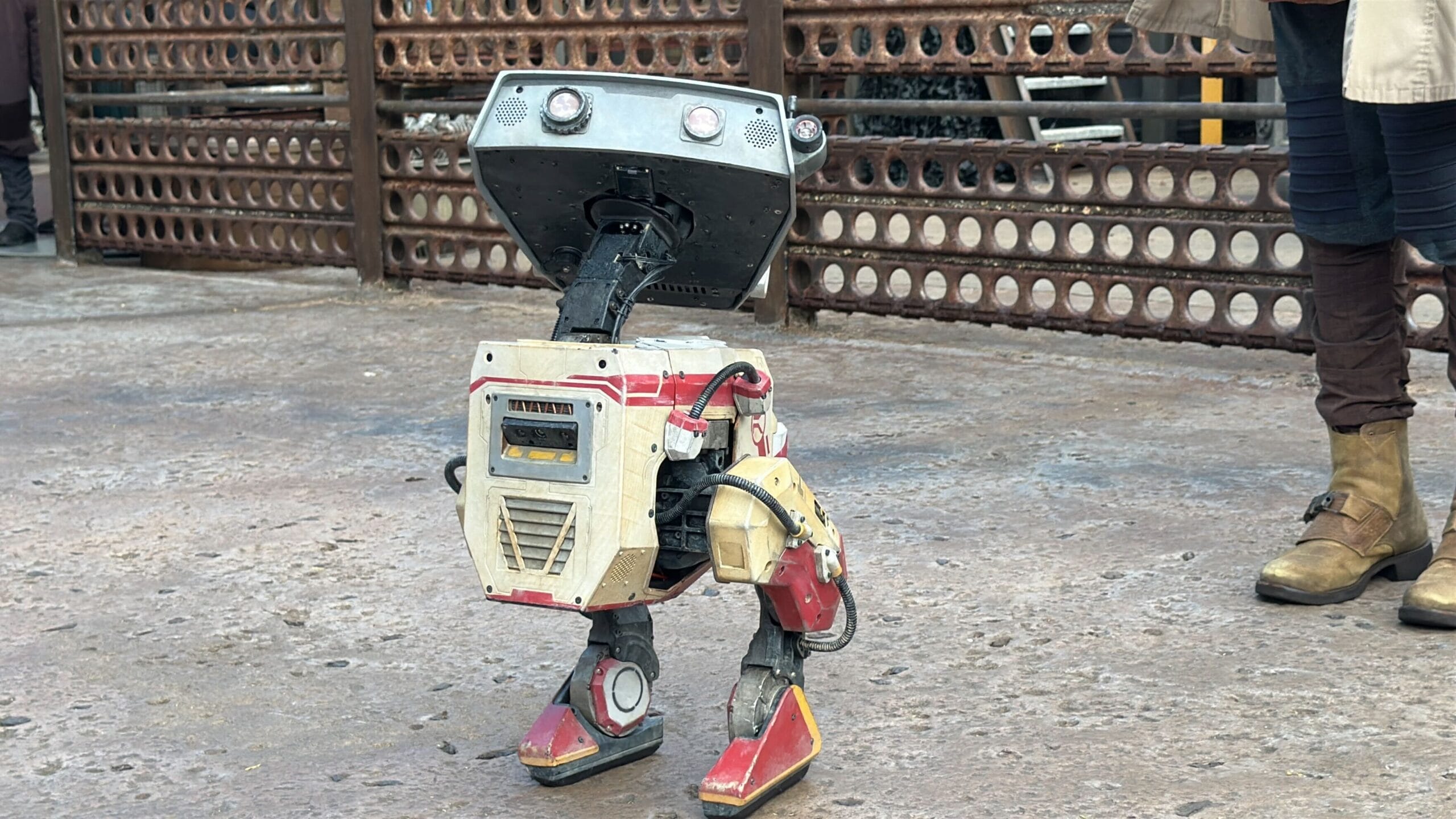 A small, worn bdx droids robot with red and white details stands on concrete near a person in brown boots.
