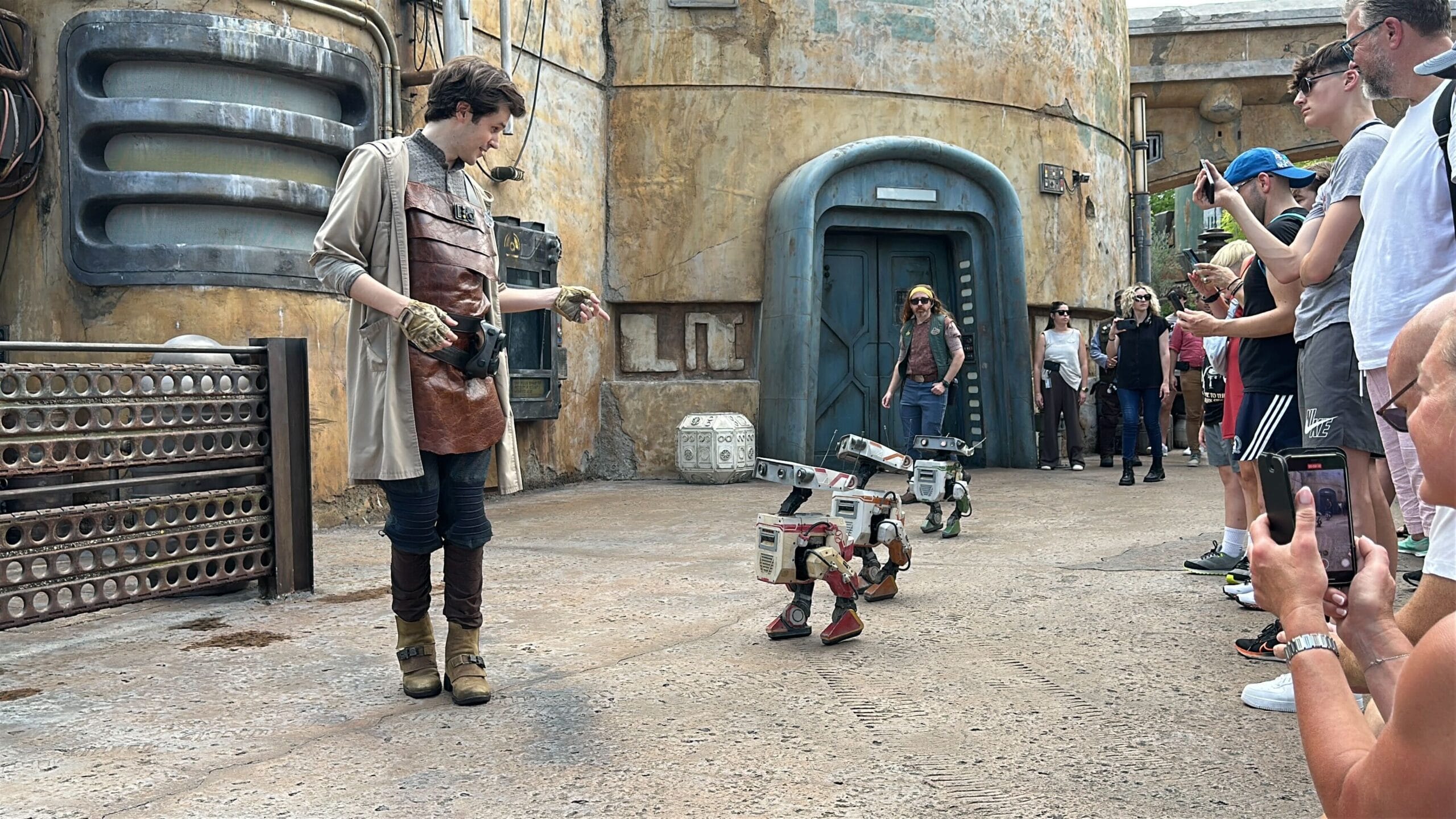 A performer guides a bdx droid along a themed walkway at Hollywood Studios as the crowd watches and takes photos.
