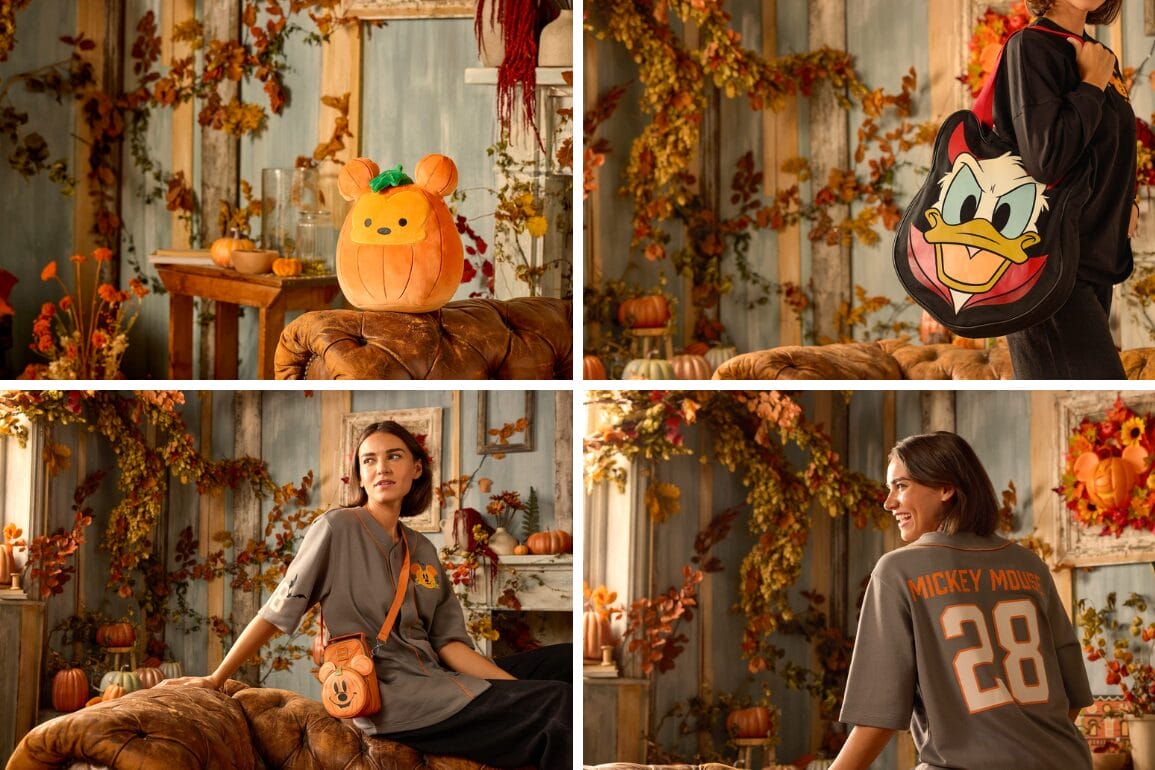Four autumn photos feature a woman with Disney Store bags and clothing, surrounded by pumpkins and fall decorations.