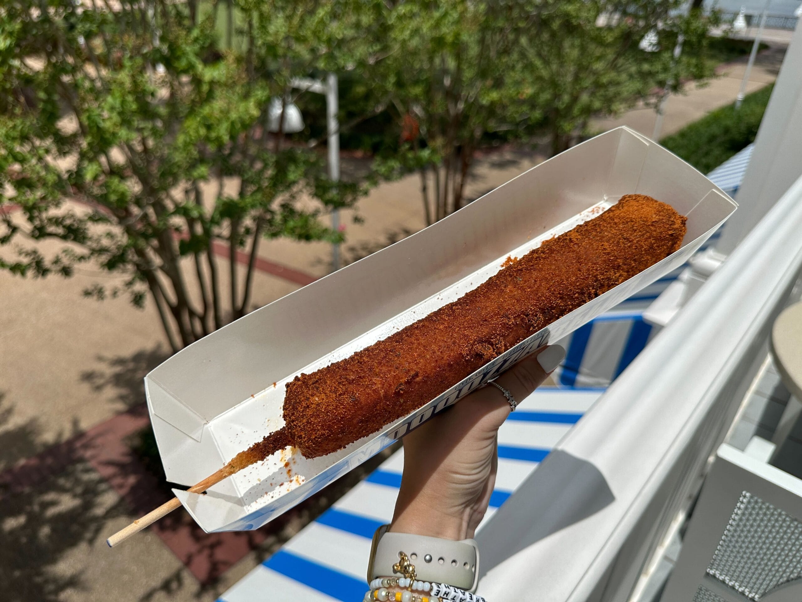 A hand holds a Blue Ribbon Corn Dog on a stick in a tray, with trees and outdoor seating in the background.
