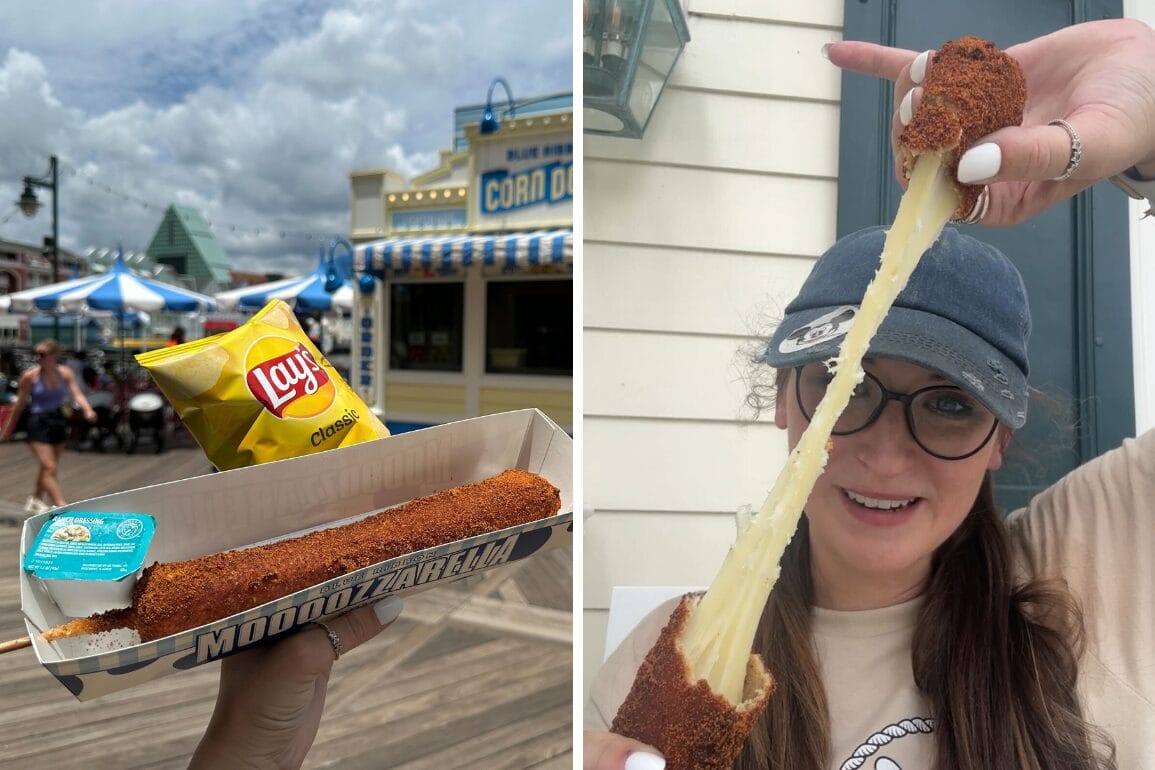 Left: A hand holds a long mozzarella stick and Lay’s chips. Right: Woman stretches cheese from a Nashville Hot mozzarella stick.
