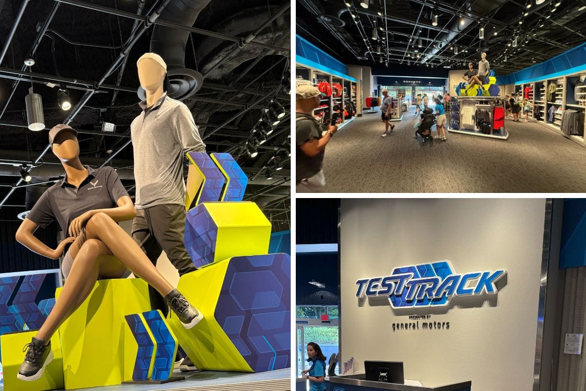 Collage of the Test Track Gift Shop at EPCOT, featuring mannequins, merchandise displays, and a Test Track sign.