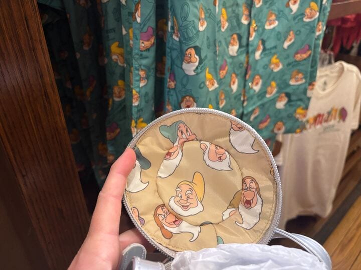 Hand holding a Seven Dwarfs Stein Bag; matching clothing from EPCOT hangs in the background.