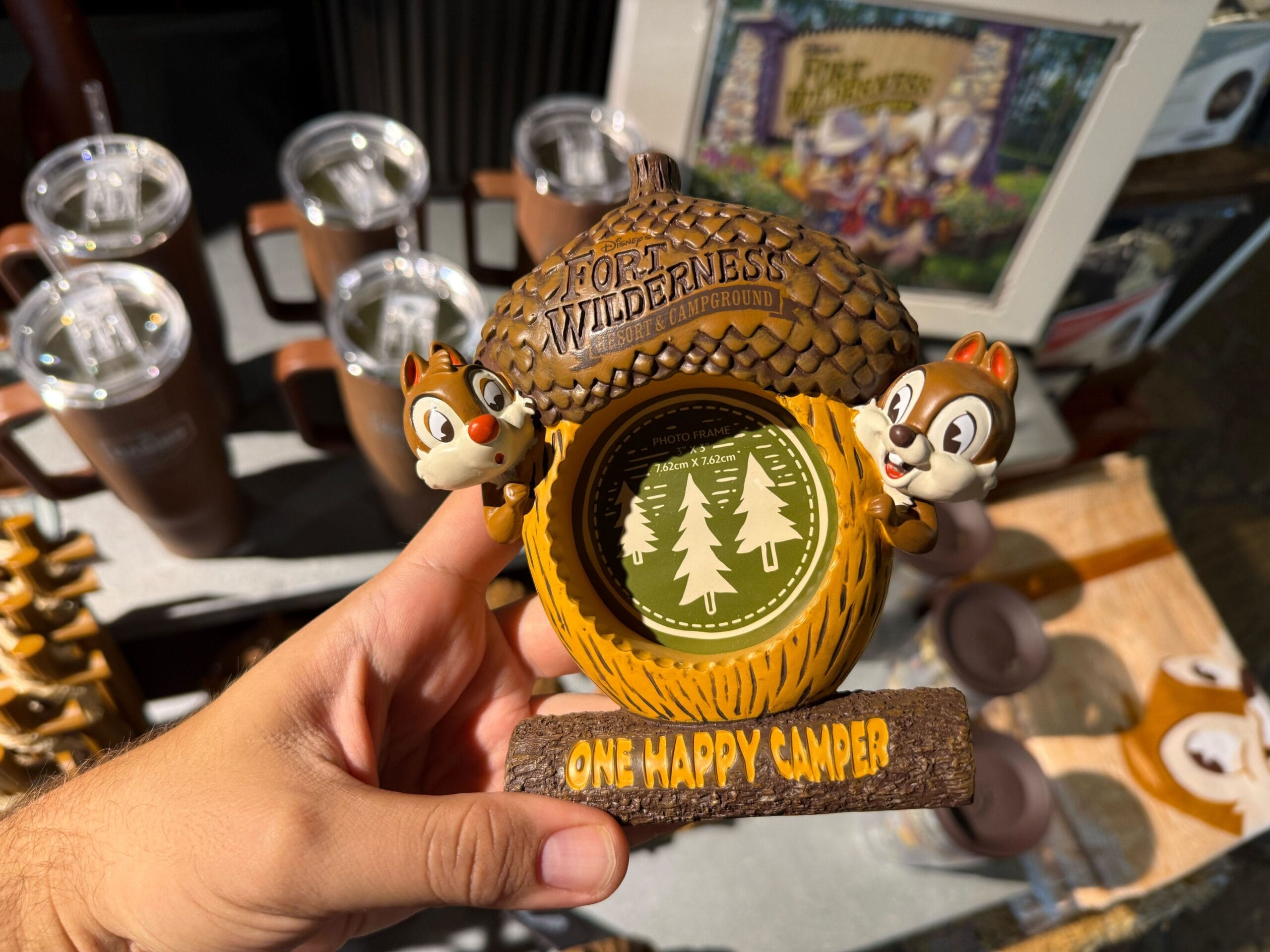 Hand holding Disney’s Fort Wilderness merchandise: an acorn-shaped photo frame with Chip and Dale and "One Happy Camper" text.