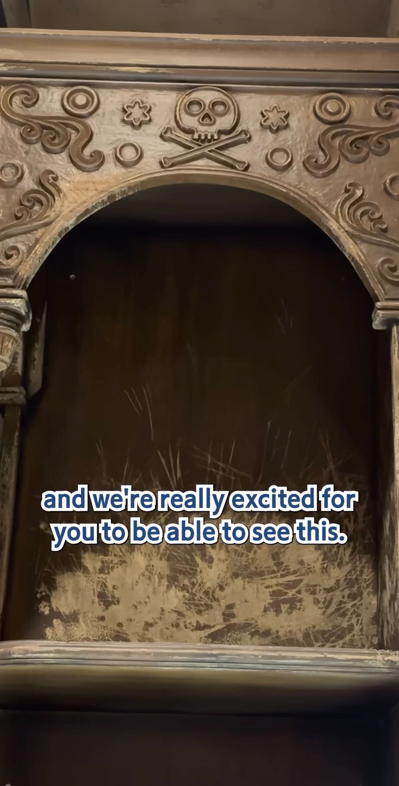 Ornate wooden alcove with decorative carvings, like a pirates tavern: “and we’re really excited for you to be able to see this.”