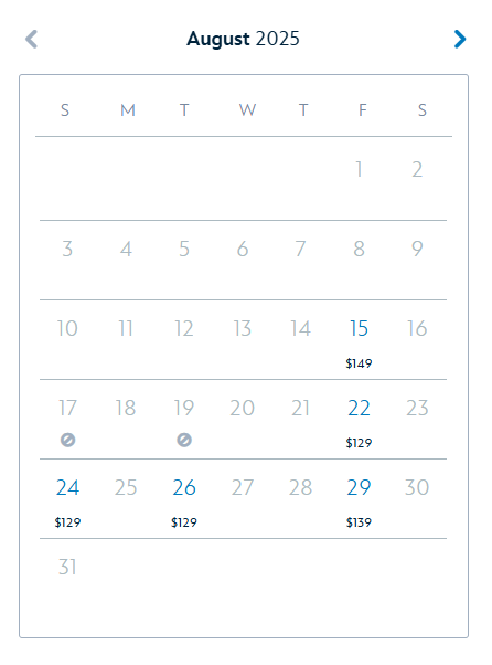 August 2025 calendar with ticket availability and flight prices: $129 on 22, 24, 26; $139 on 29. 17 and 19 selected.