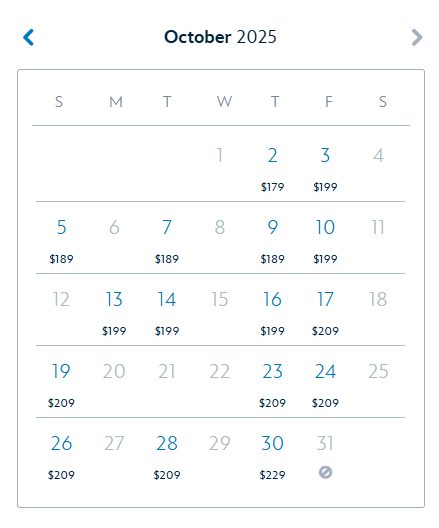 October 2025 calendar with Magic Kingdom daily prices and Mickey's Not So Scary Halloween Party tickets marked from $179-$209.