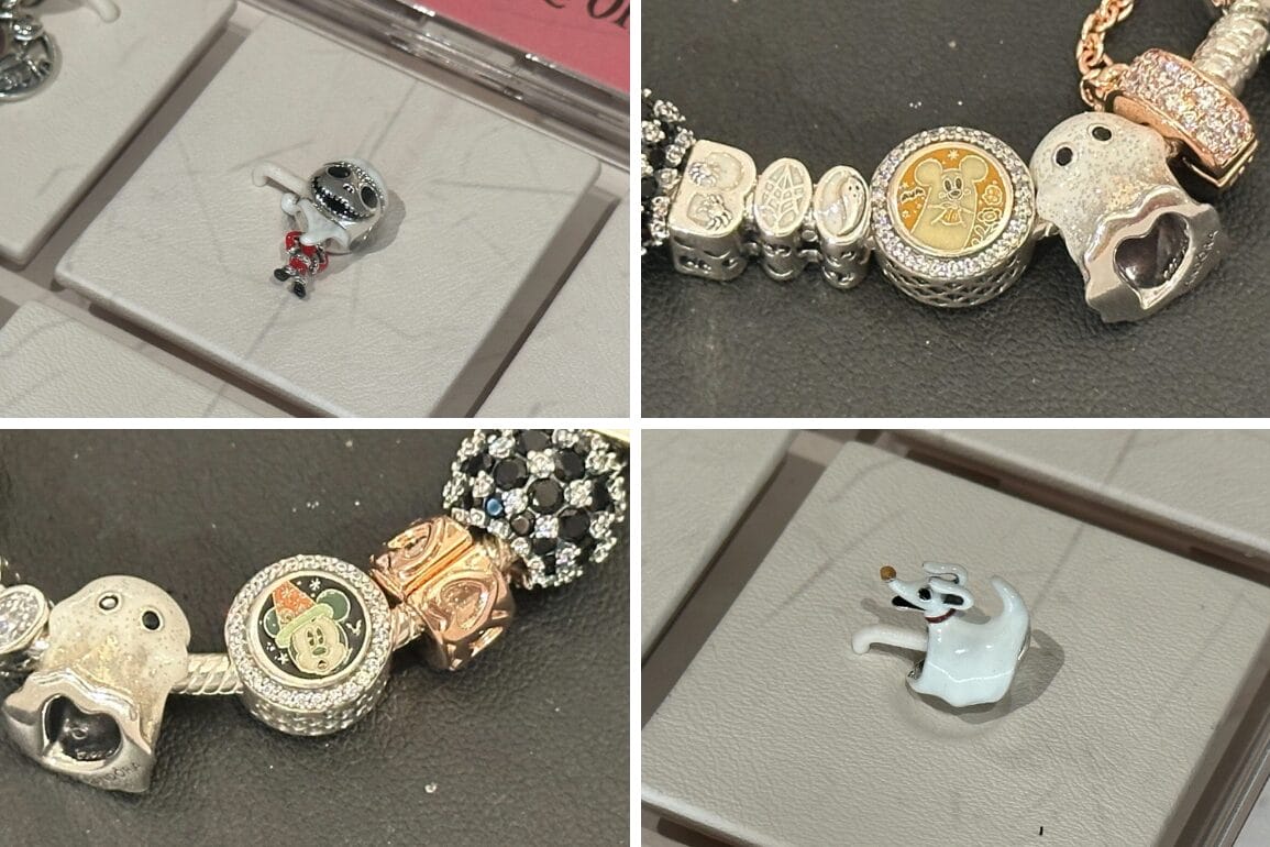 Four close-up photos of silver and gold charm jewelry, featuring Nightmare Before Christmas and Halloween Pandora Charms.