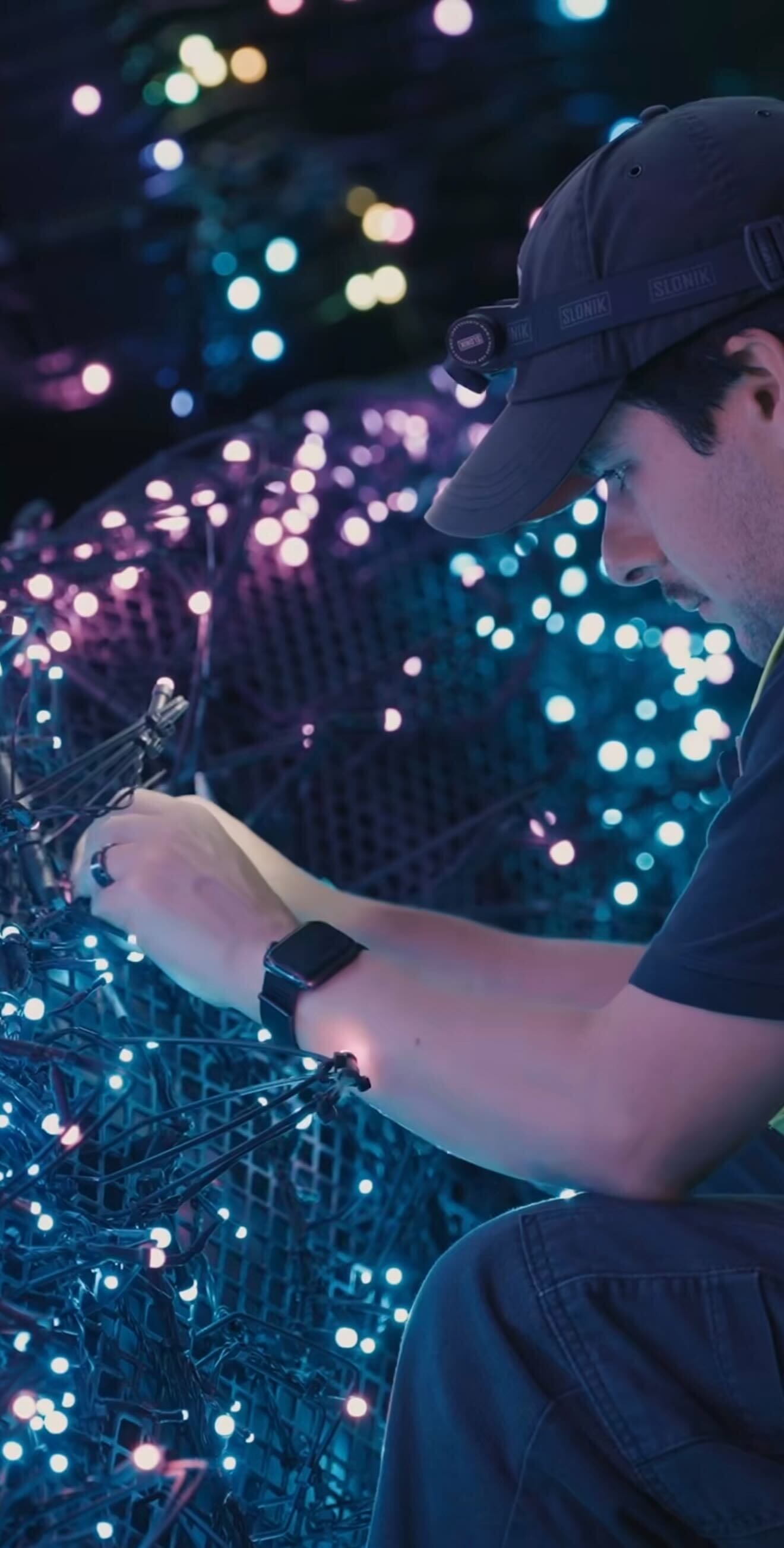 A man wearing a headlamp arranges glowing blue and purple LED lights for the Disney Starlight Parade.