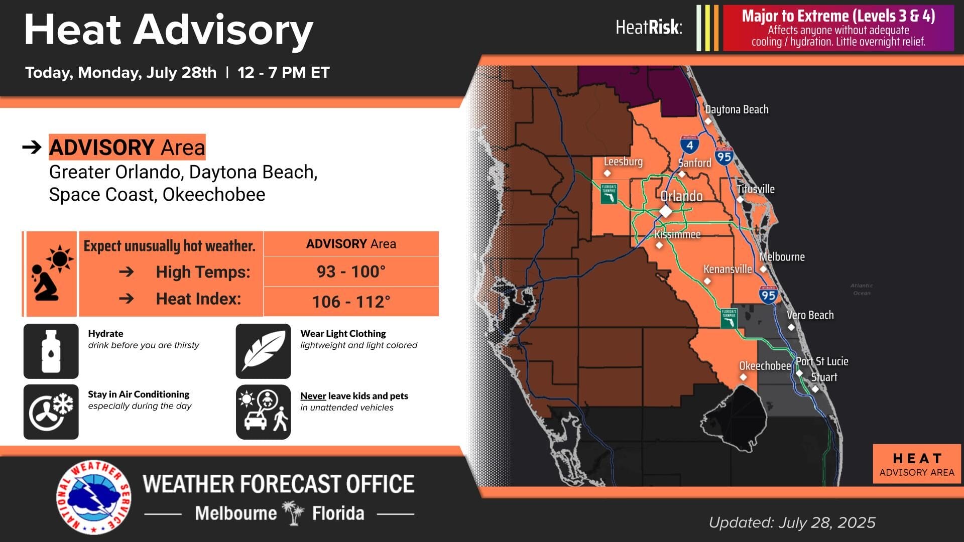 Orlando news - Heat advisory map for central Florida, including Walt Disney World, with highs of 103-106°F and index up to 112°F on July 28, 2025.
