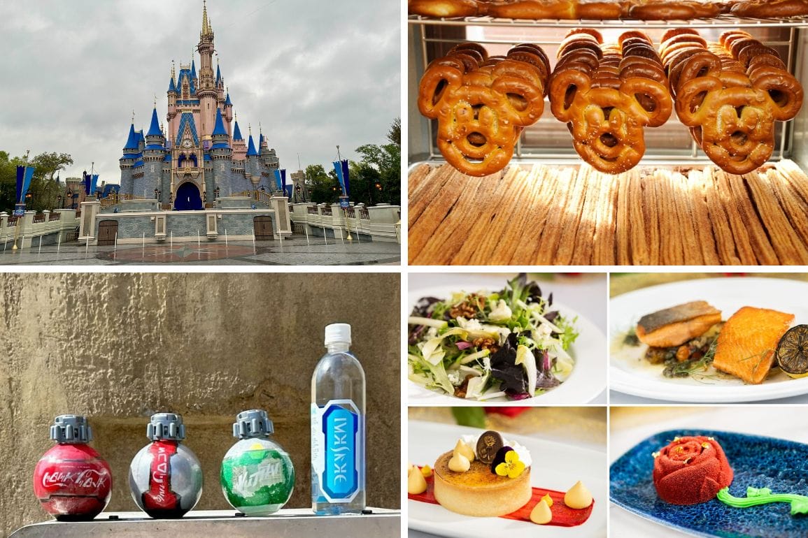Collage of Disneyland Resort: Cinderella Castle, Mickey Pretzels, Baymax Bread, Star Wars drinks, salad, salmon, and desserts.