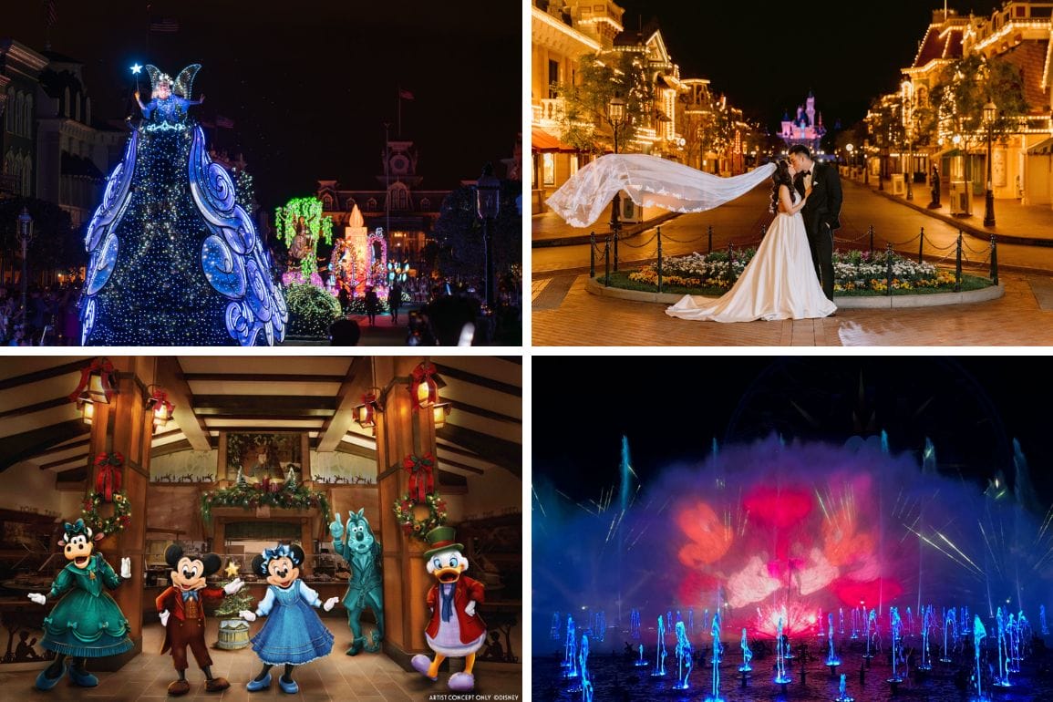 A collage featuring the Disney Starlight Parade, a wedding couple, Disney characters indoors, and a colorful water show.