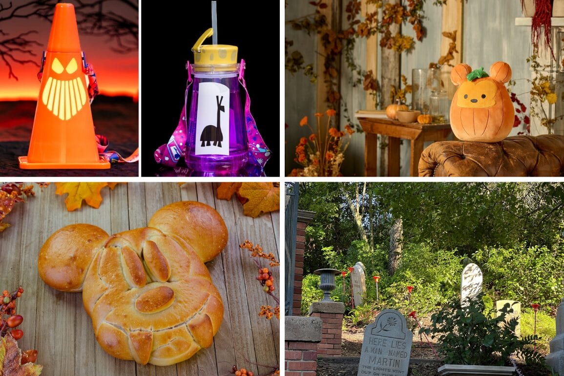 A daily recap collage of autumn and Halloween-themed Disney decor, food, drinks, pumpkins, and Mickey-shaped bread.