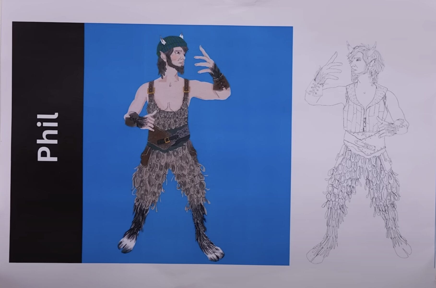 A man in a satyr costume, inspired by the Hercules Stage Show, poses next to a matching line drawing.