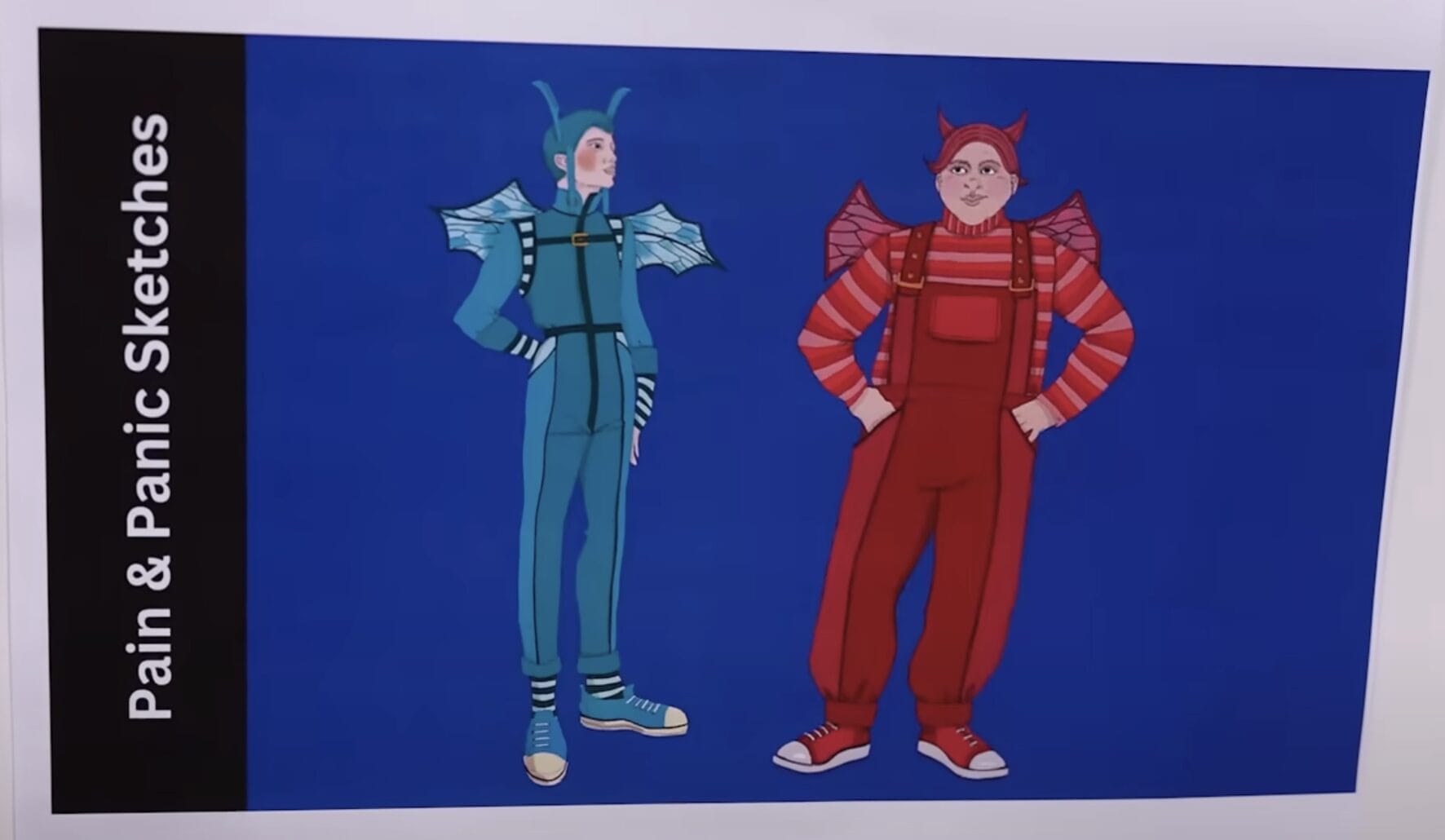 Two people in blue and red dragon costumes stand side by side, inspired by the Hercules stage show.