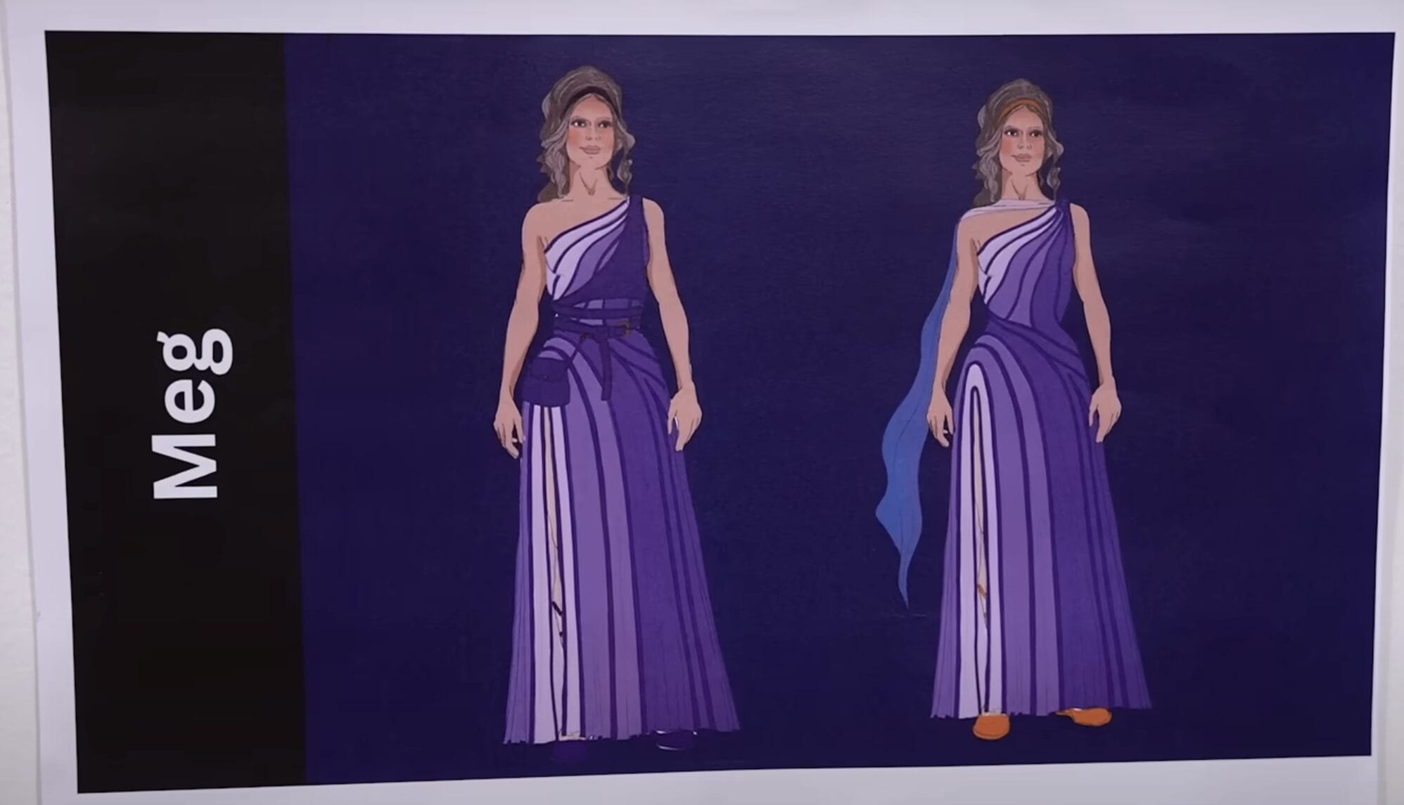 Two illustrated women in purple "Meg" dresses from Hercules Stage Show on a dark background.