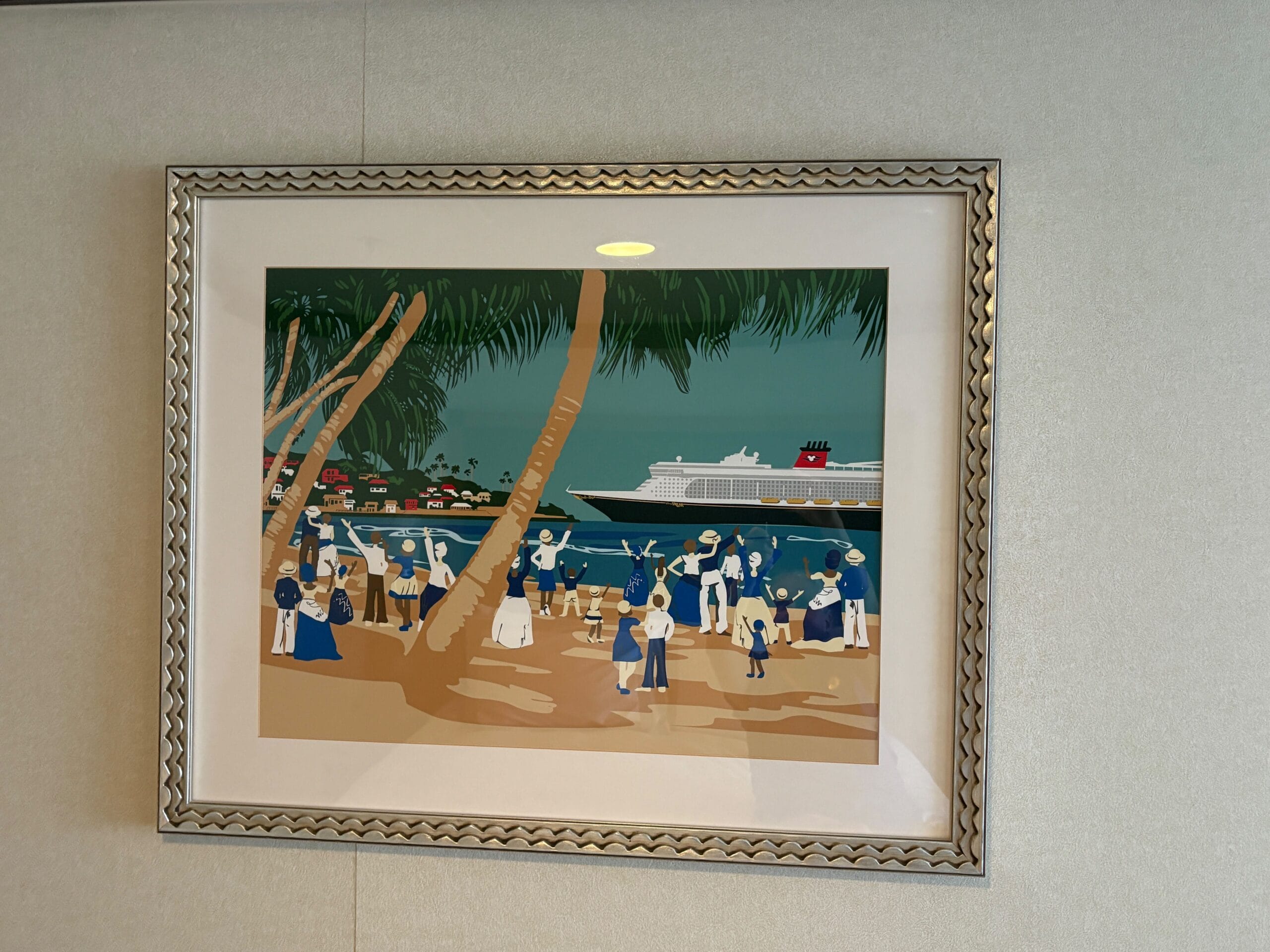 Framed artwork of families on a tropical beach with palm trees and the Disney Dream cruise ship docked in the background.