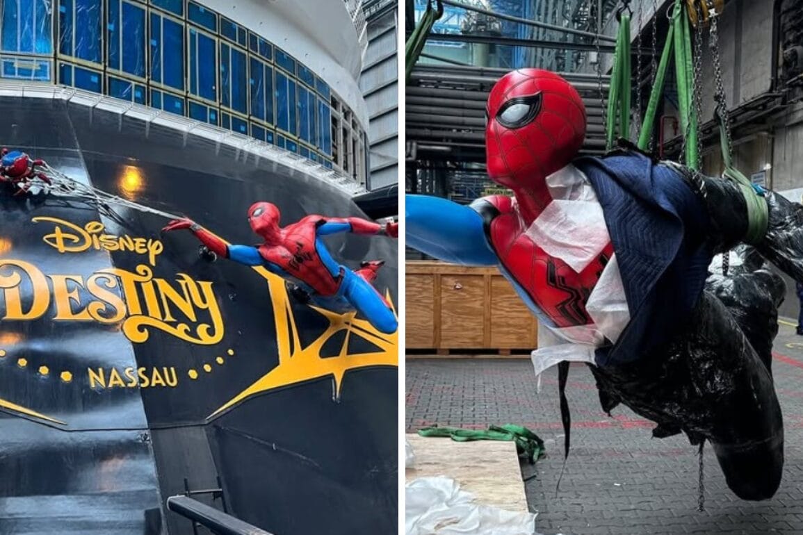Two Spider-Man statues being installed; one on Disney Destiny’s stern, another lifted with a harness.