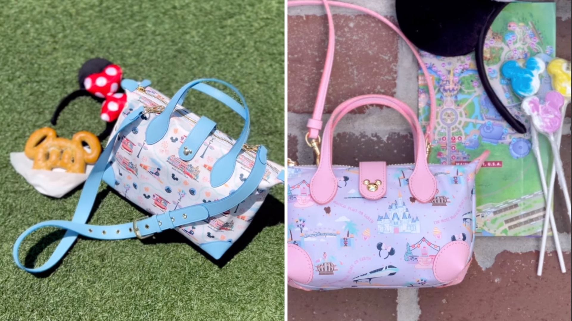 Two pastel Stoney Clover Lane Disney Parks bags with snacks, map, and lollipops—one on grass, one on pavement.