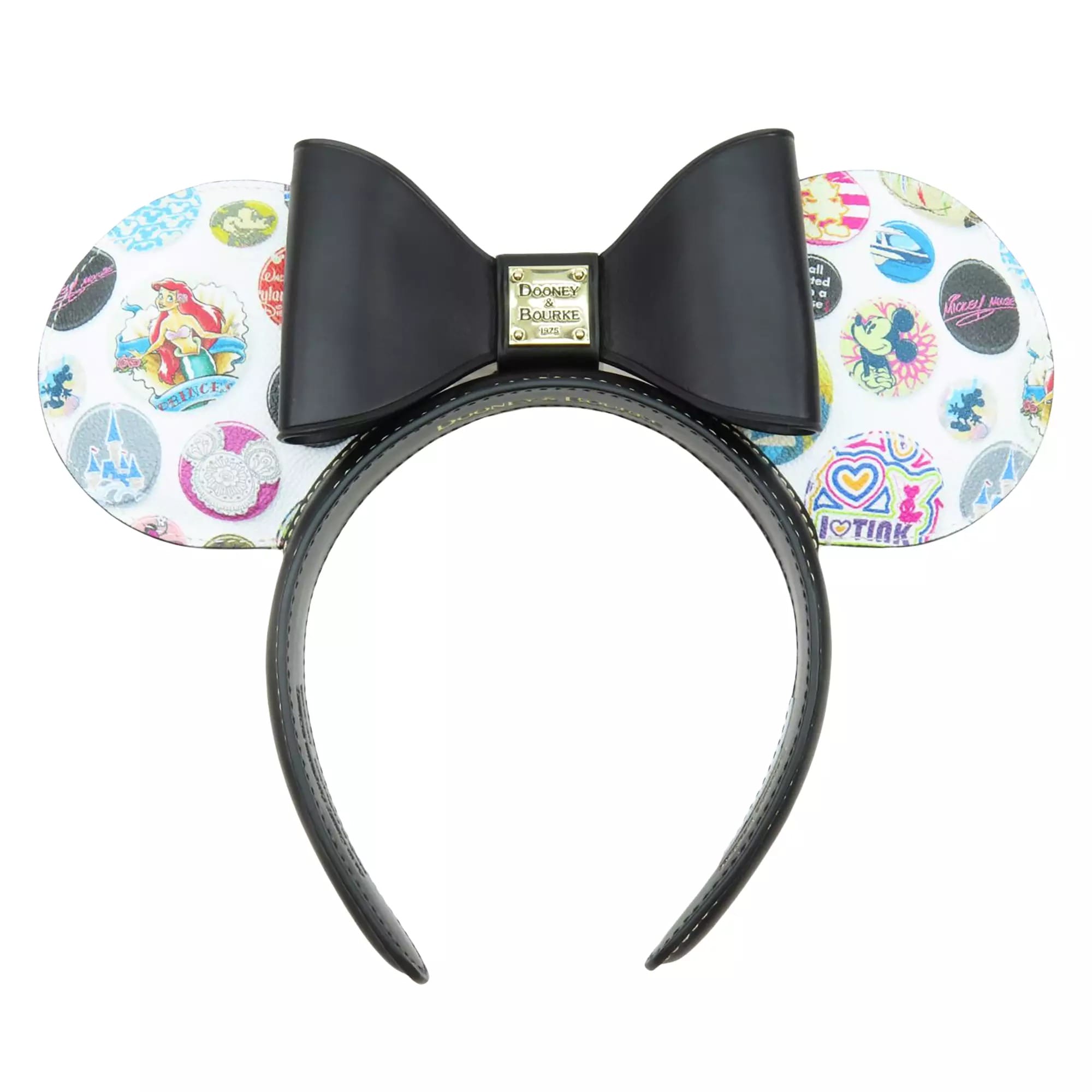 Black Minnie Mouse ear headband with a large bow and Disney Buttons-inspired designs by Dooney & Bourke on the ears.