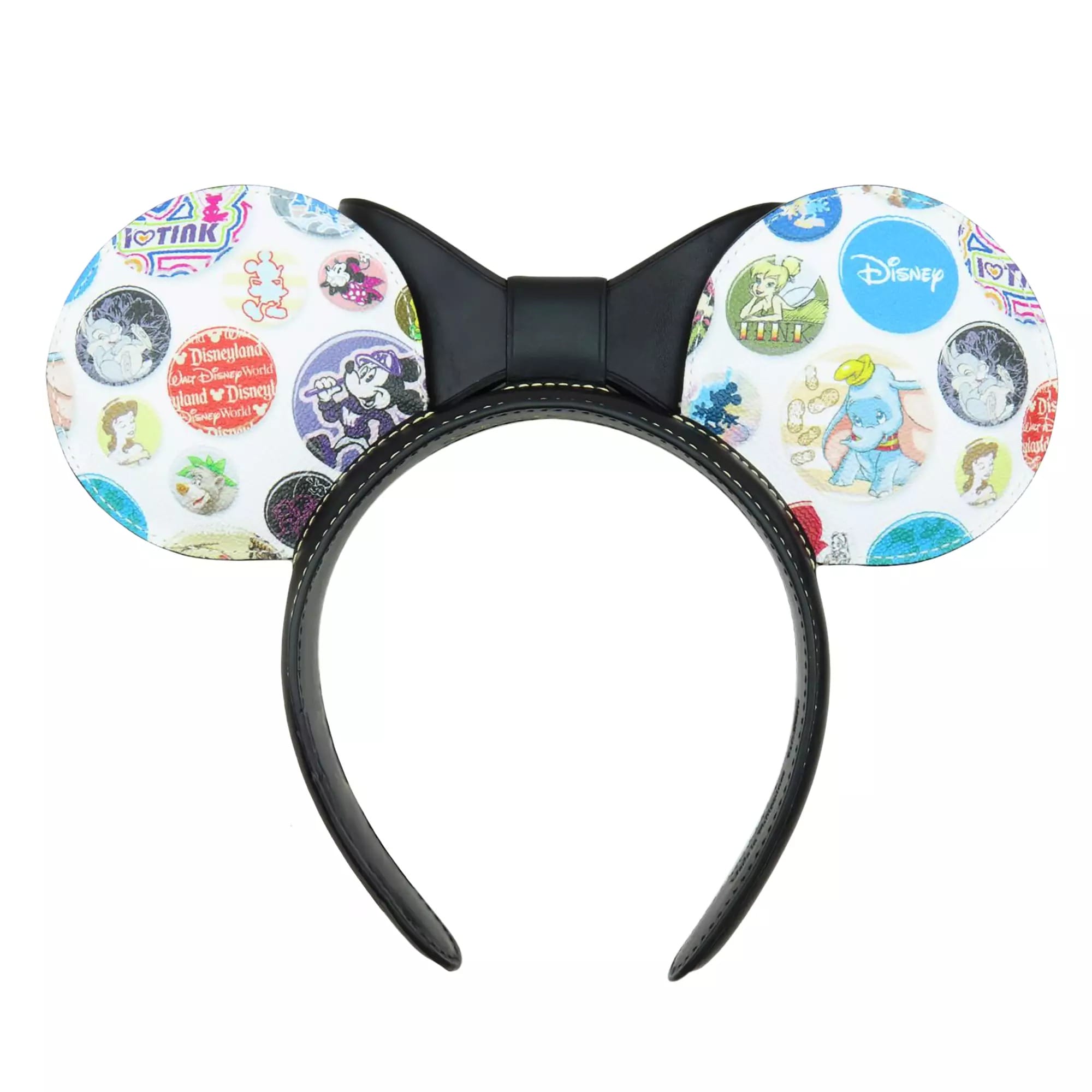 Black Ear Headband with round mouse ears, Disney Buttons designs, and a black bow in the center.