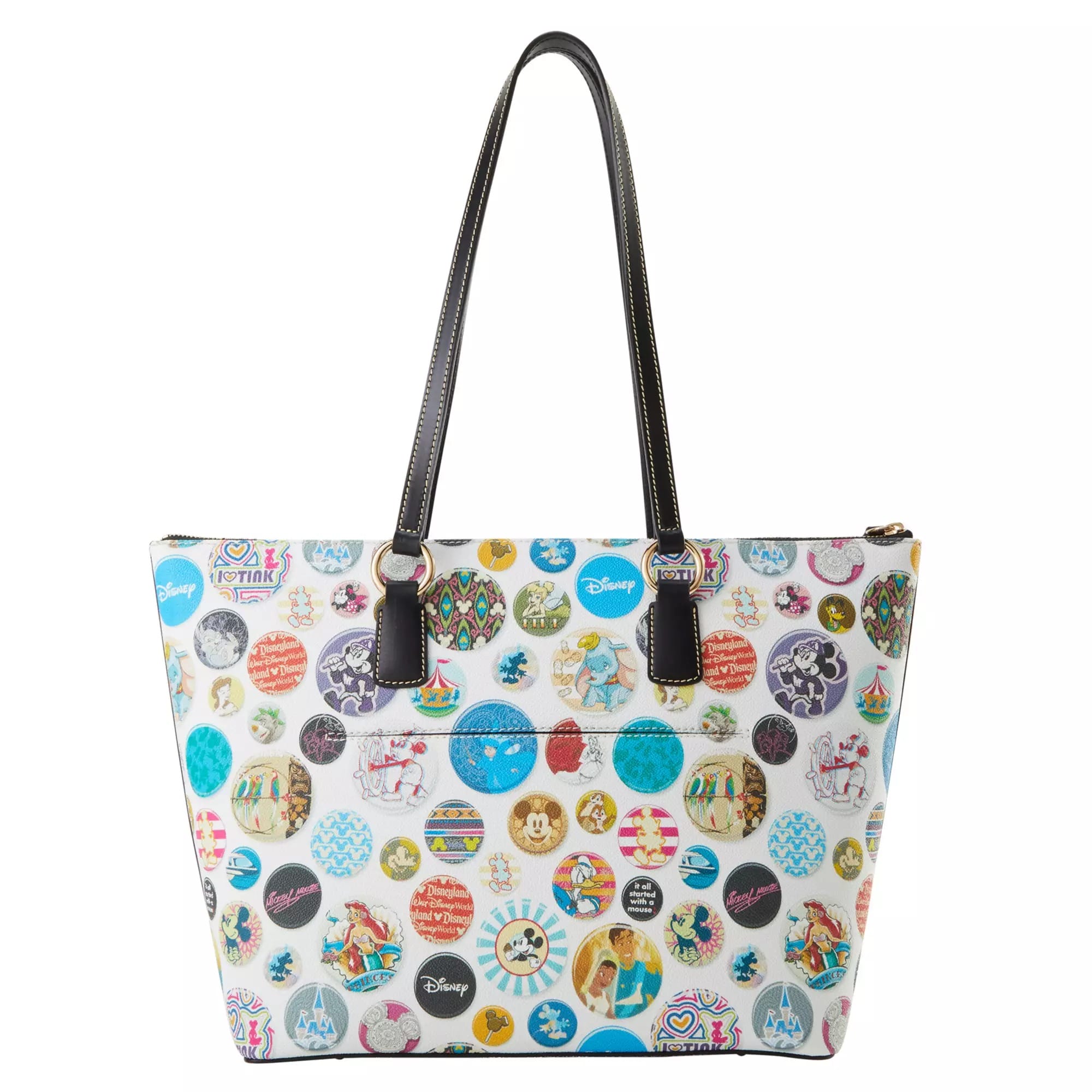 White tote bag with black handles, featuring Disney Buttons and characters in colorful Dooney & Bourke-style designs.