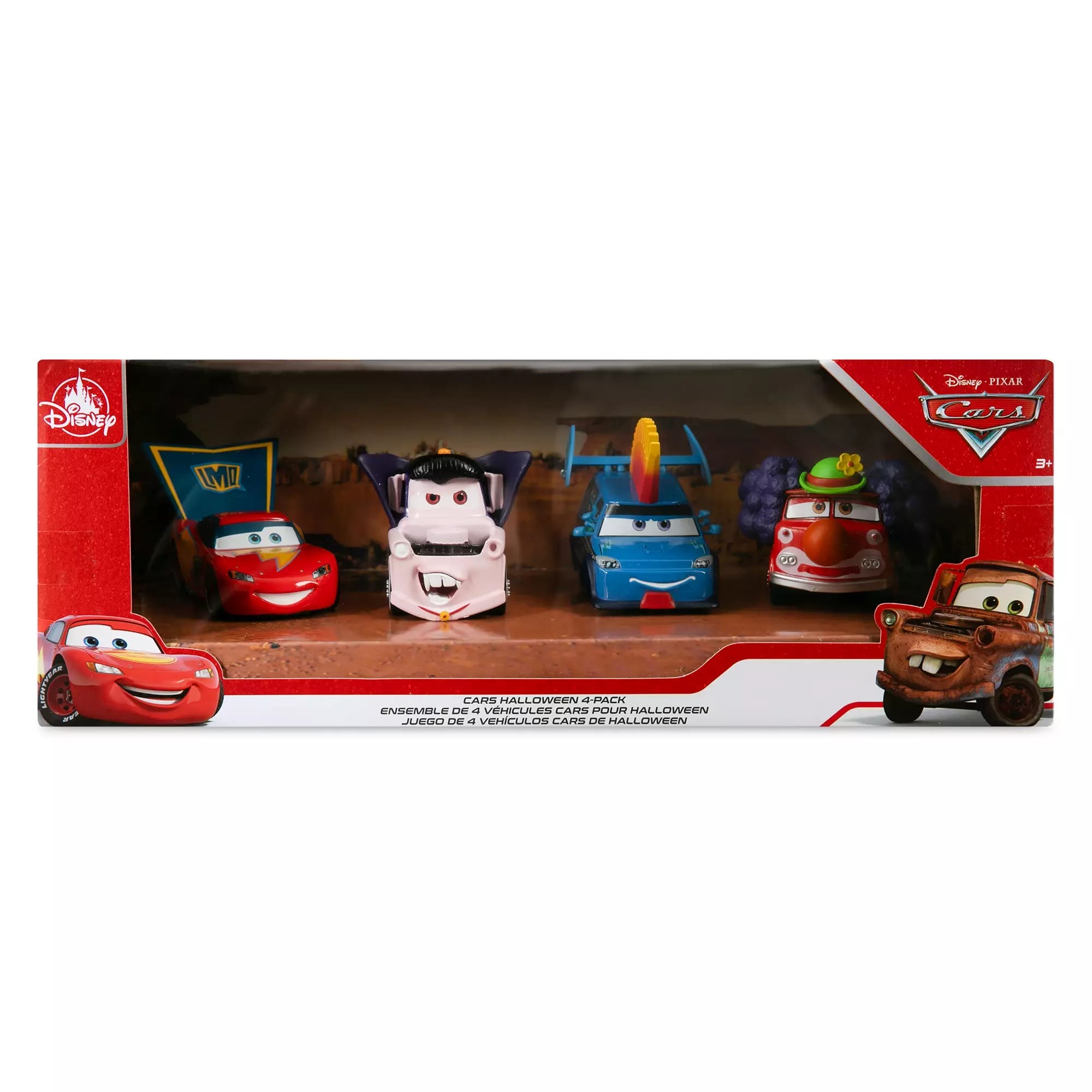 Five Cars Halloween Die Cast Figures in costumes inside a red Disney Store Pixar Cars box.