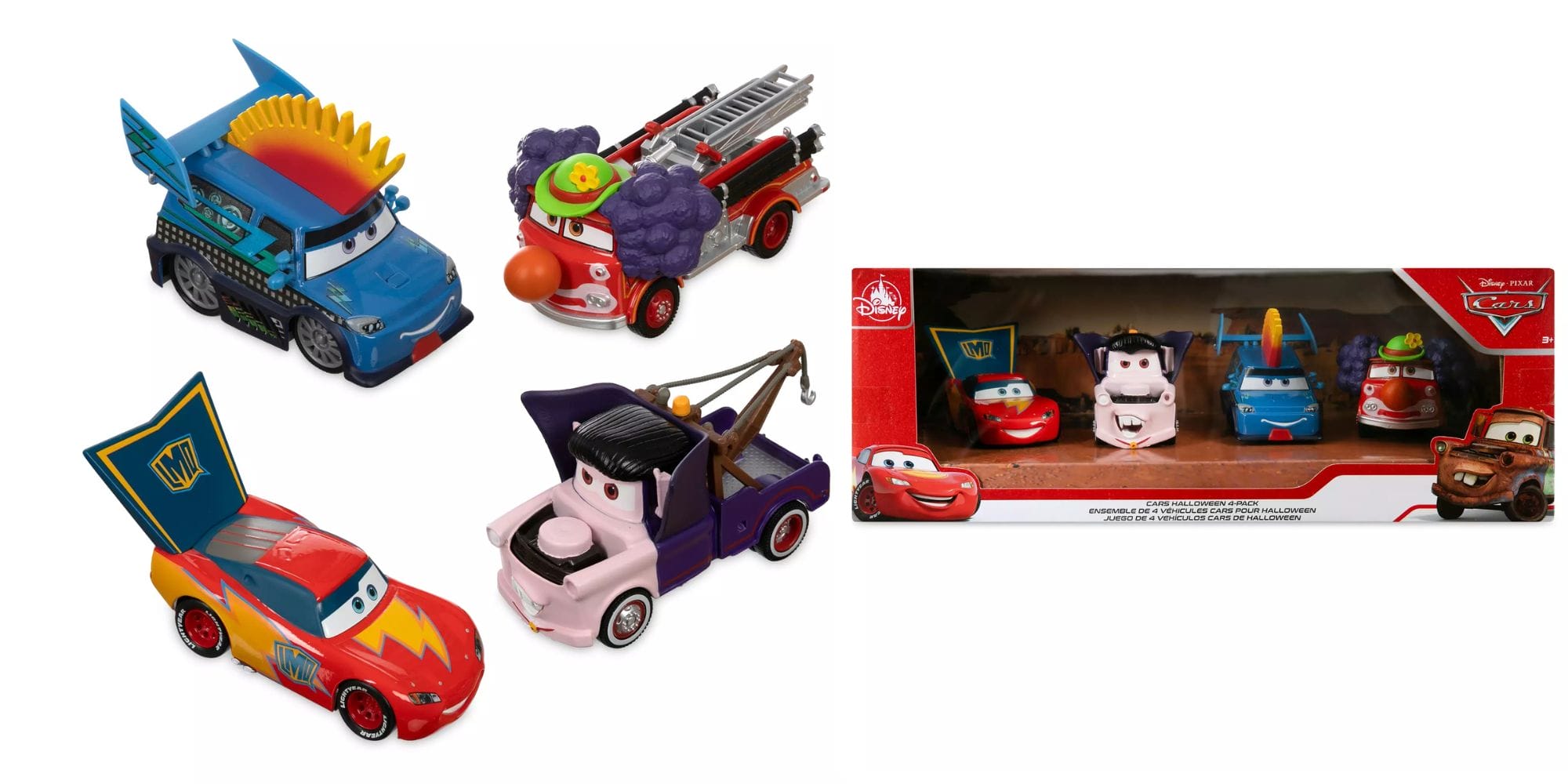 Four Disney Cars die cast vehicles in Halloween costumes, plus a display box featuring the same Disney Pixar Cars.
