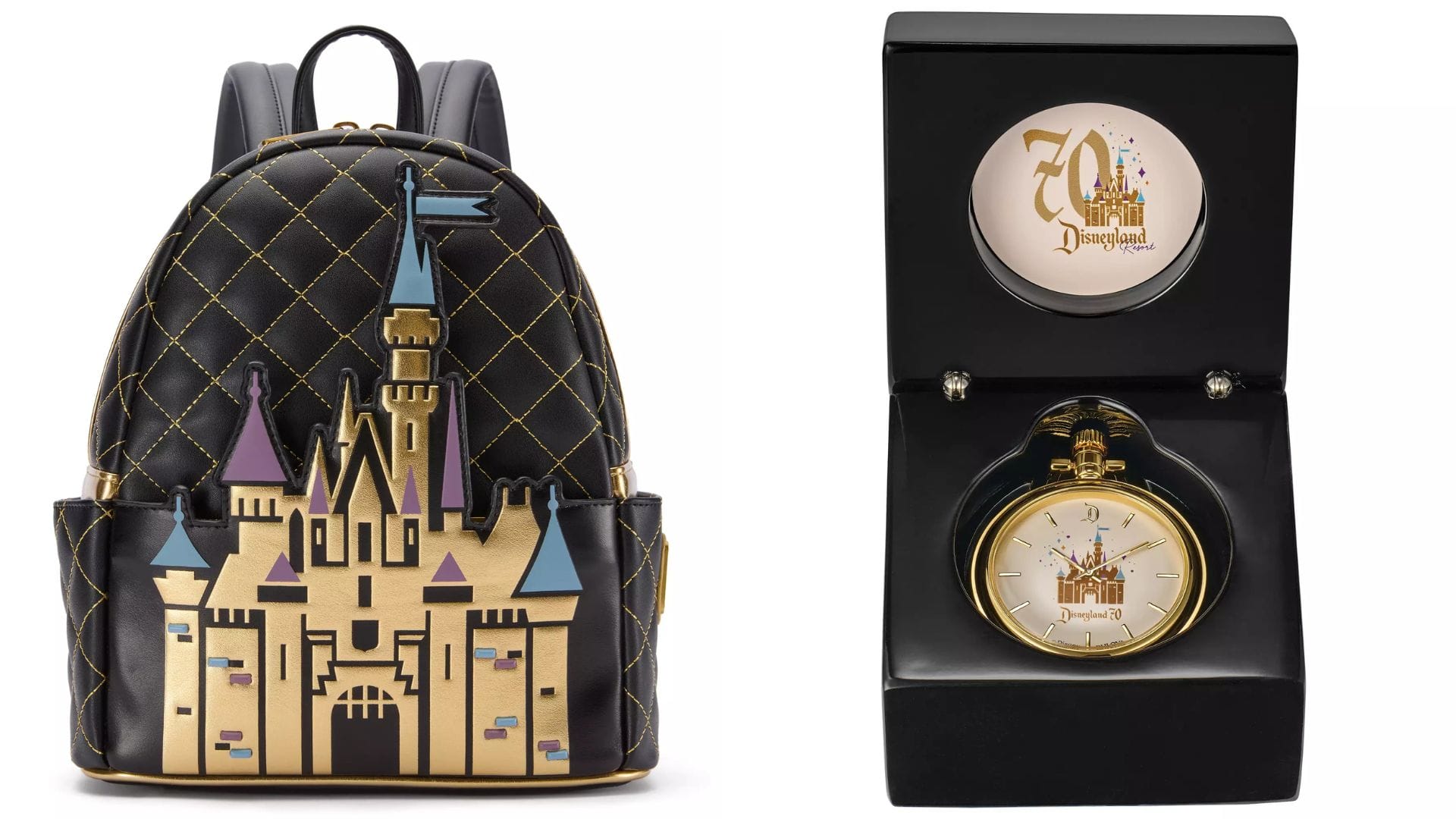 A Sleeping Beauty Castle Loungefly backpack and a Disneyland 70th Bulova Pocket Watch in a sleek black display box.