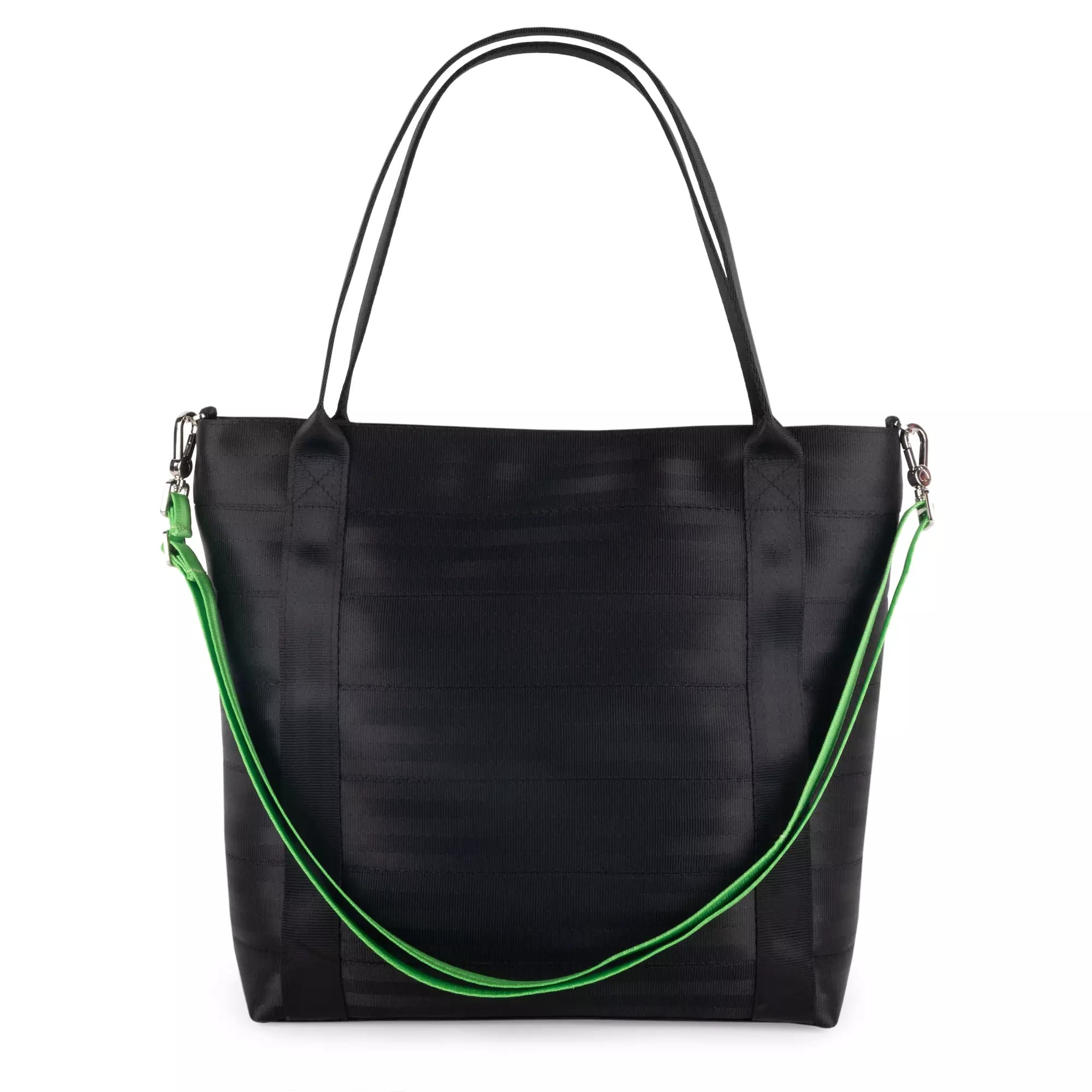 Black tote bag with double handles and a detachable green shoulder strap, shown against a white background.