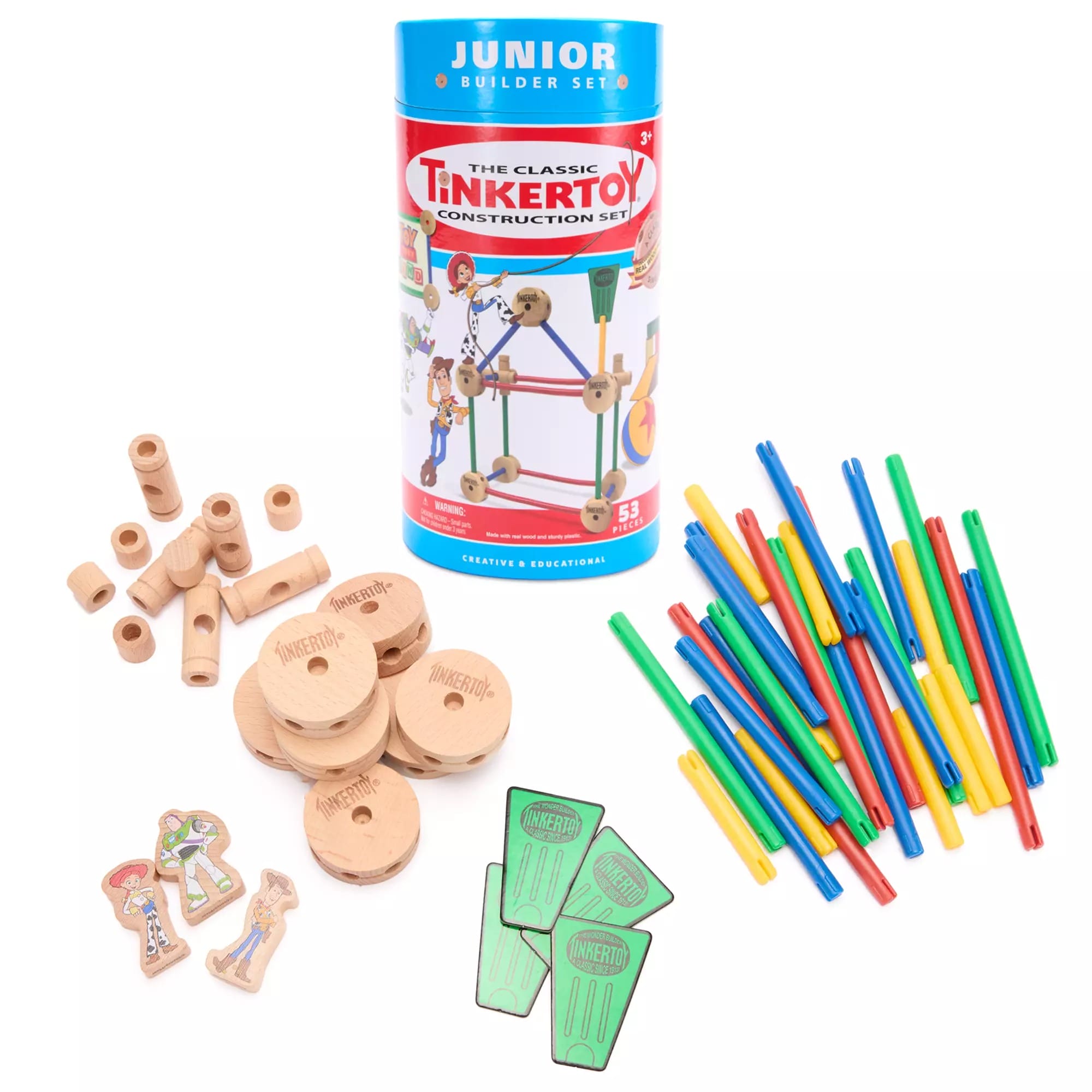 Tinkertoy Junior Builder Set with wooden pieces and colorful rods, perfect for fans of retro Fisher Price Disney toys.