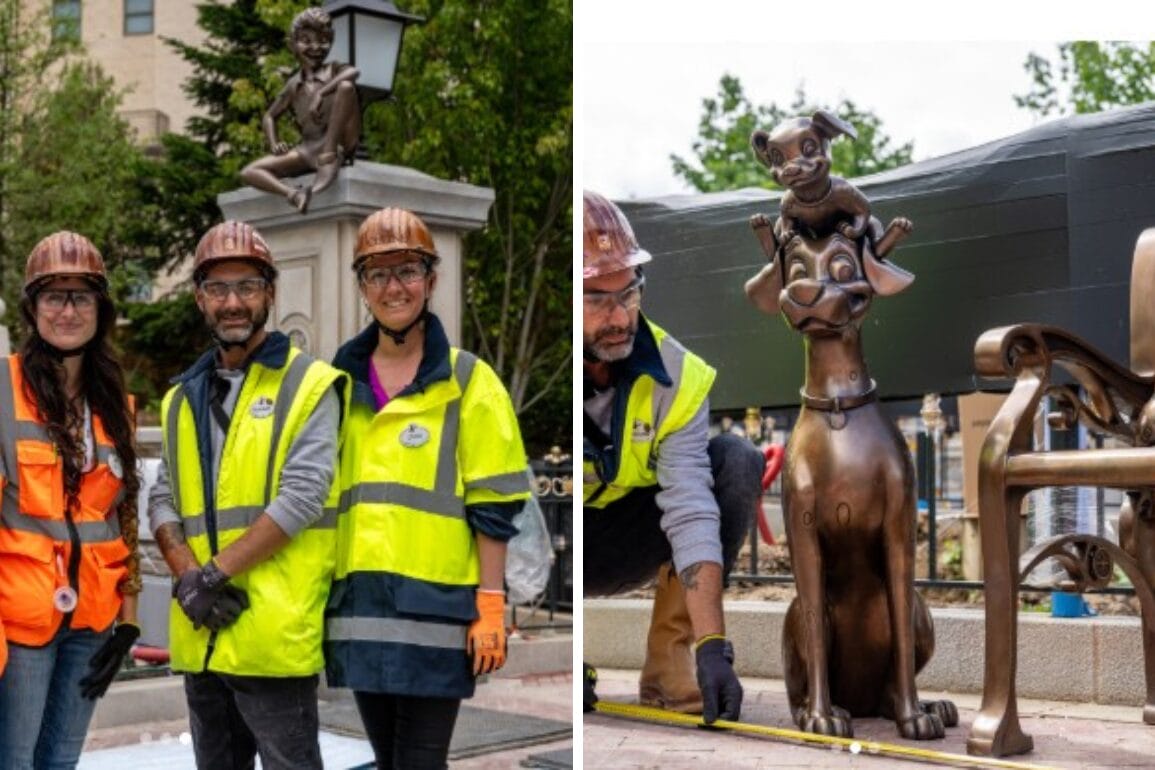 Three workers in safety gear smile by a bronze Peter Pan statue; another image shows a dog sculpture being measured.