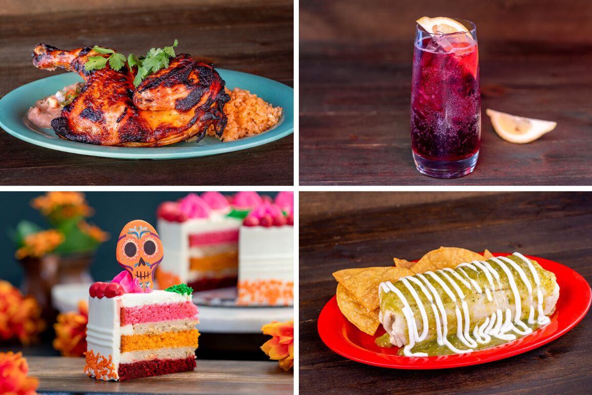 Four images: 2025 Menu highlights at Disney California Adventure's Plaza de la Familia—chicken, cake, purple drink, enchilada.