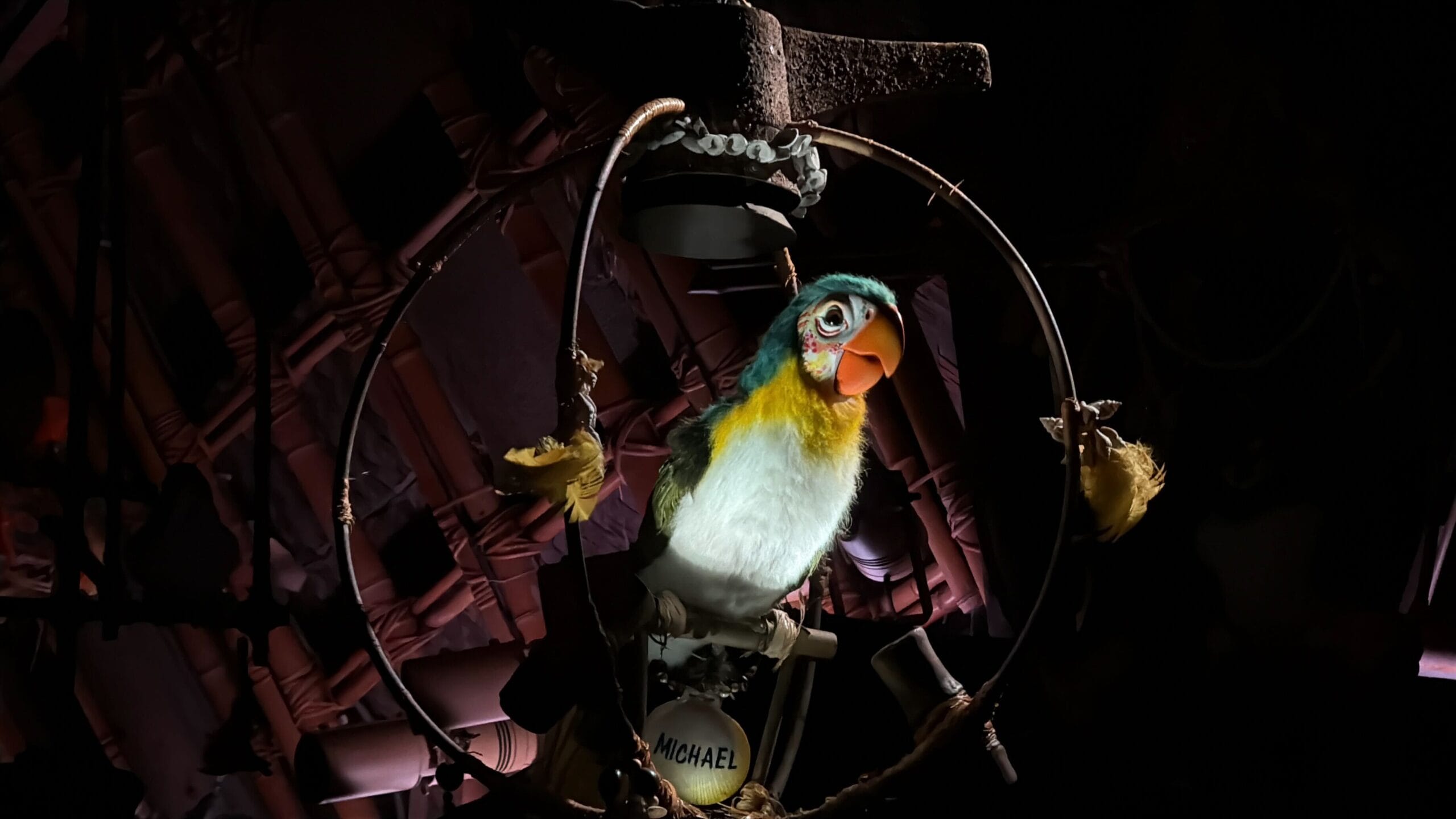 A colorful animatronic parrot sits on a perch with a sign labeled "Michael," lit by dramatic lighting.