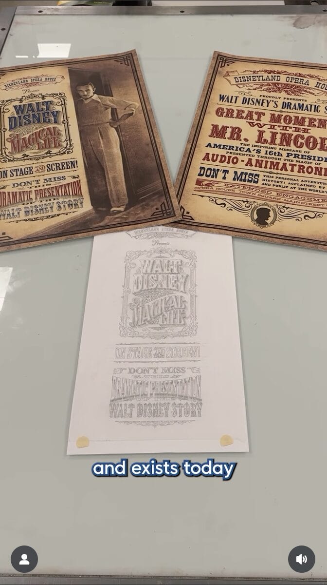 Three Walt Disney attraction posters and a pencil sketch are displayed on a white table. Text overlay reads, "and exists today.
