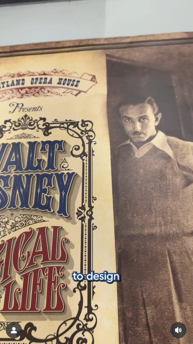 Sepia-toned vintage attraction poster of Walt Disney with ornate text, decorative border, and his portrait on the right.
