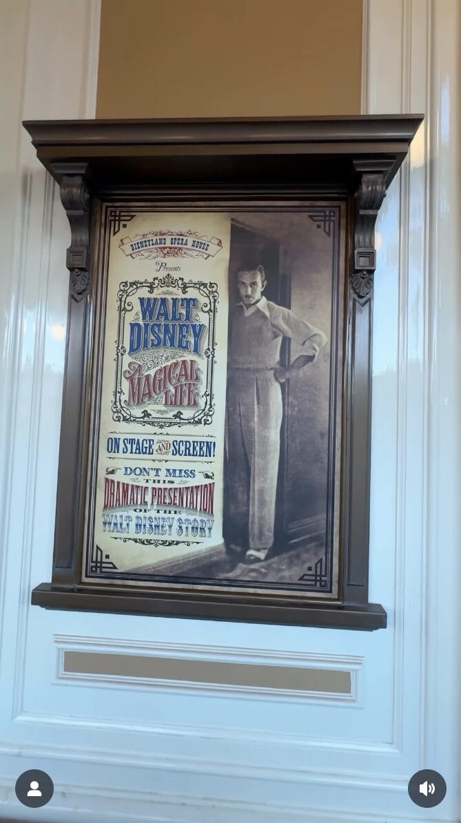 Attraction Poster featuring Walt Disney’s “Magical Life” with a vintage photo of Walt Disney beside the show title.