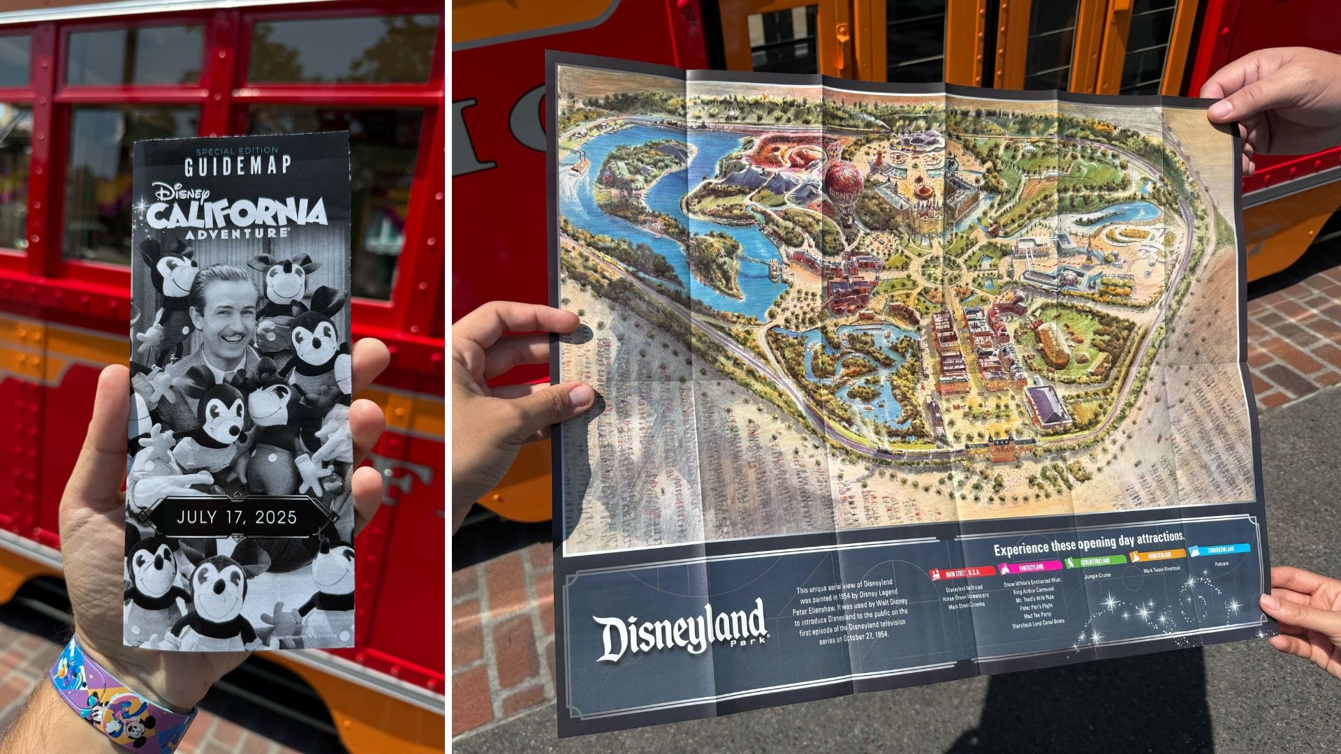 A person holds a Disney California Adventure Map and a detailed unfolded Disneyland Resort 70th Anniversary park map.