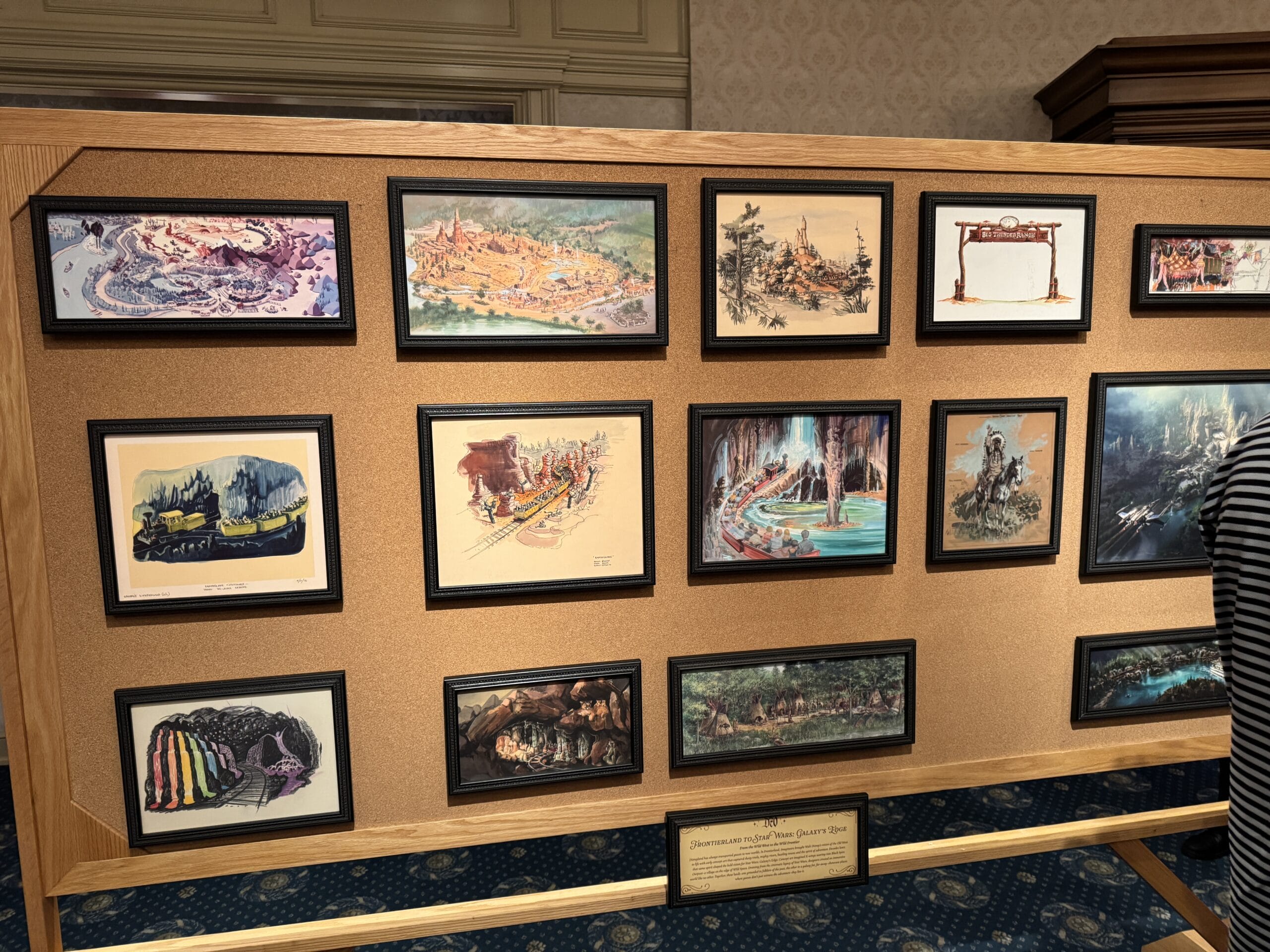 Framed concept art of new exhibits for theme park attractions displayed indoors, with a person partially visible on the right.