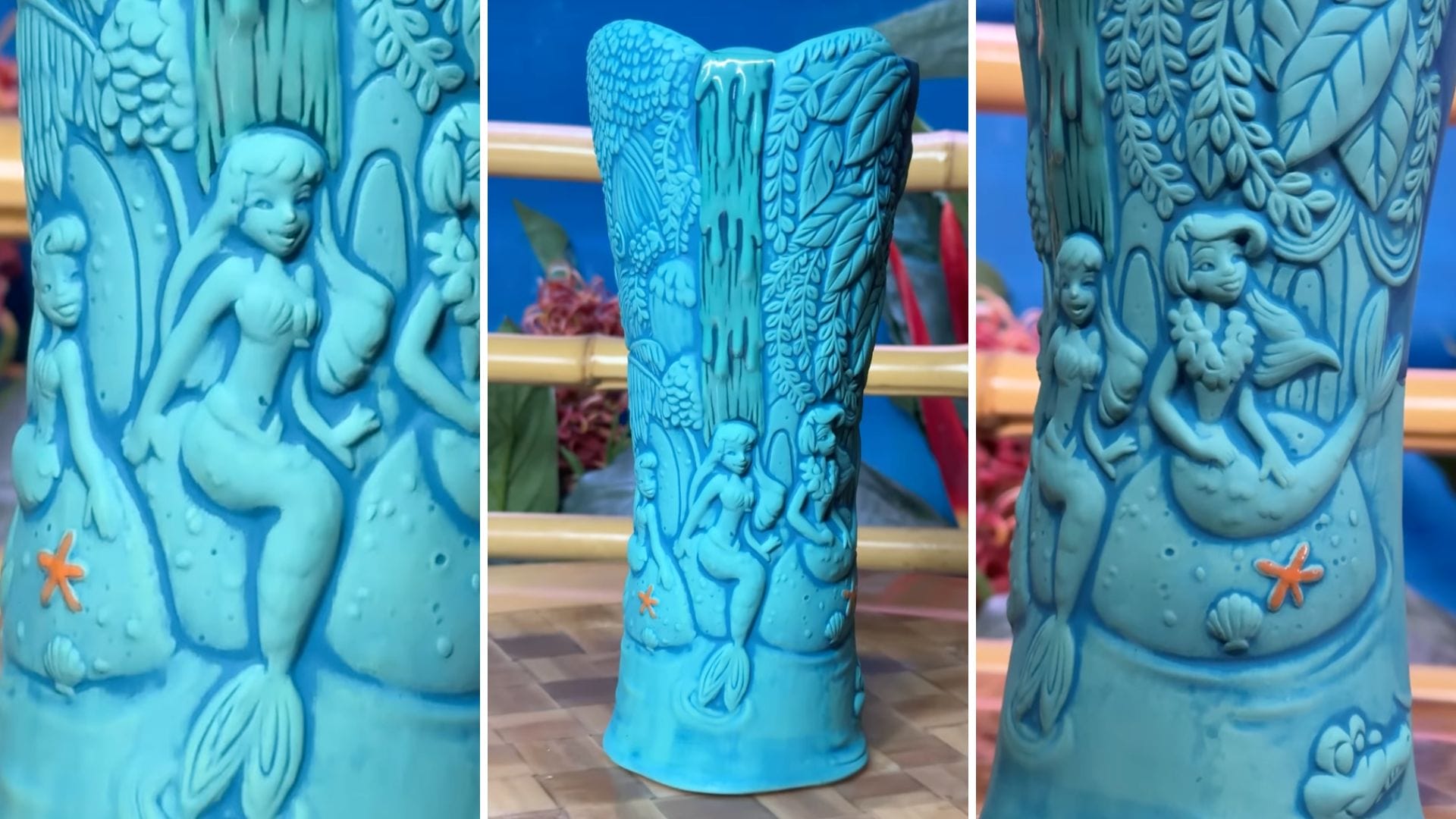 Blue ceramic vase with raised mermaid and sea life designs, shown from different angles on a bamboo surface.