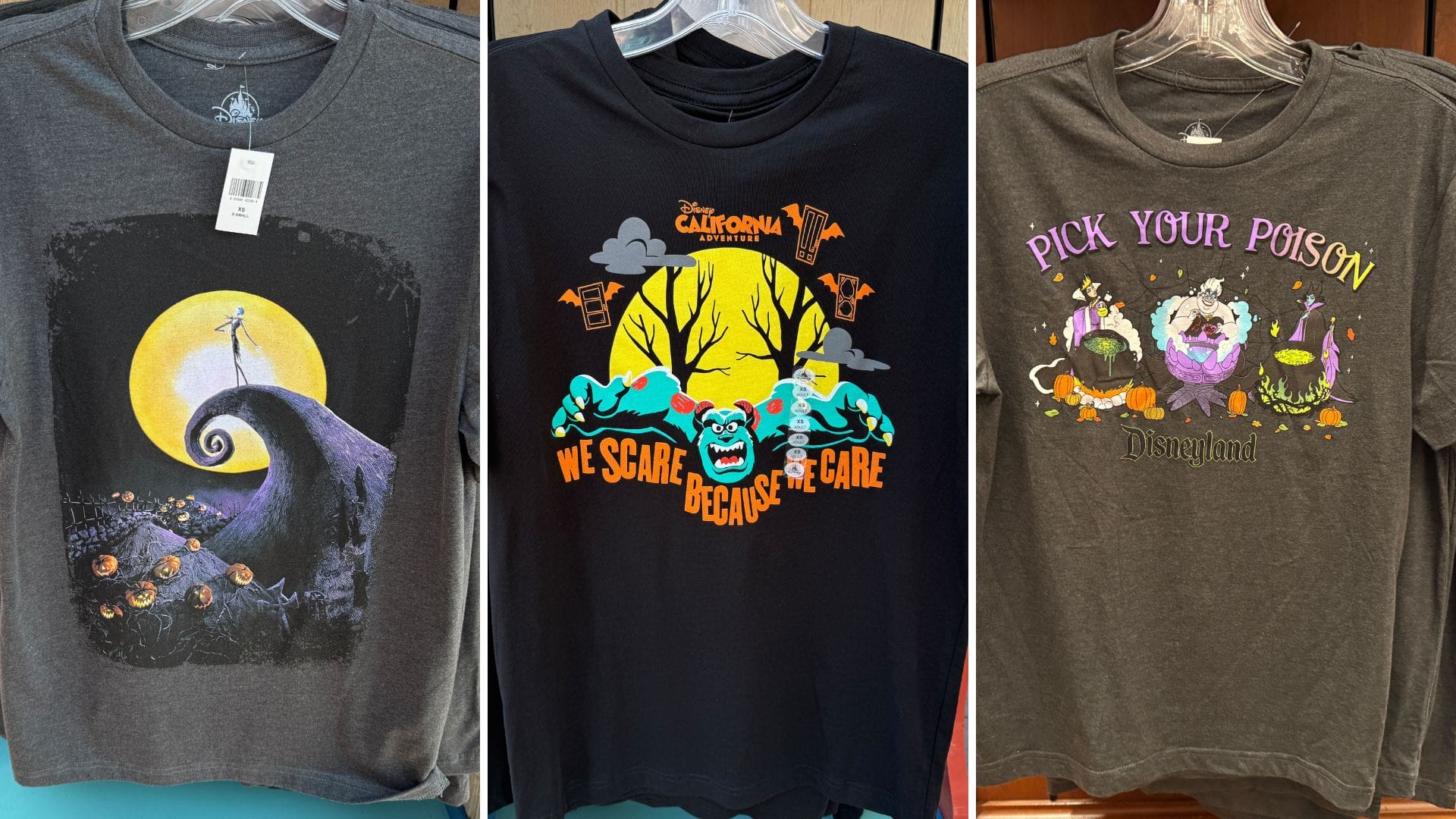 Three Halloween Apparel t-shirts featuring Nightmare Before Christmas, Monsters Inc., and Disneyland cauldron art.