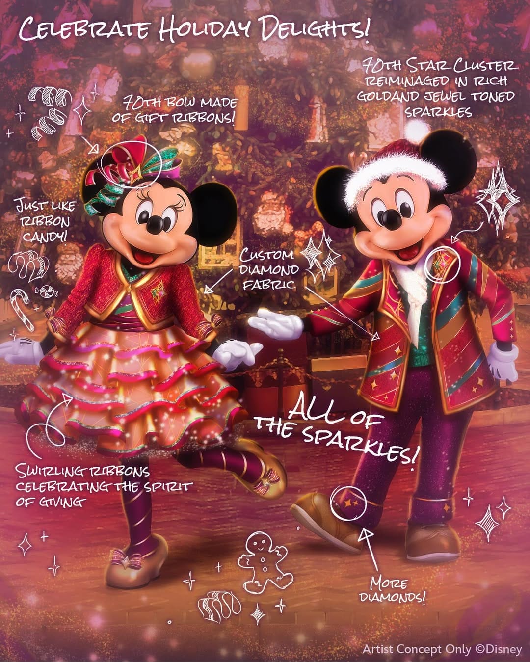 Minnie and Mickey Mouse wear festive, sparkly outfits with ribbons and holiday details at Disneyland Resort.
