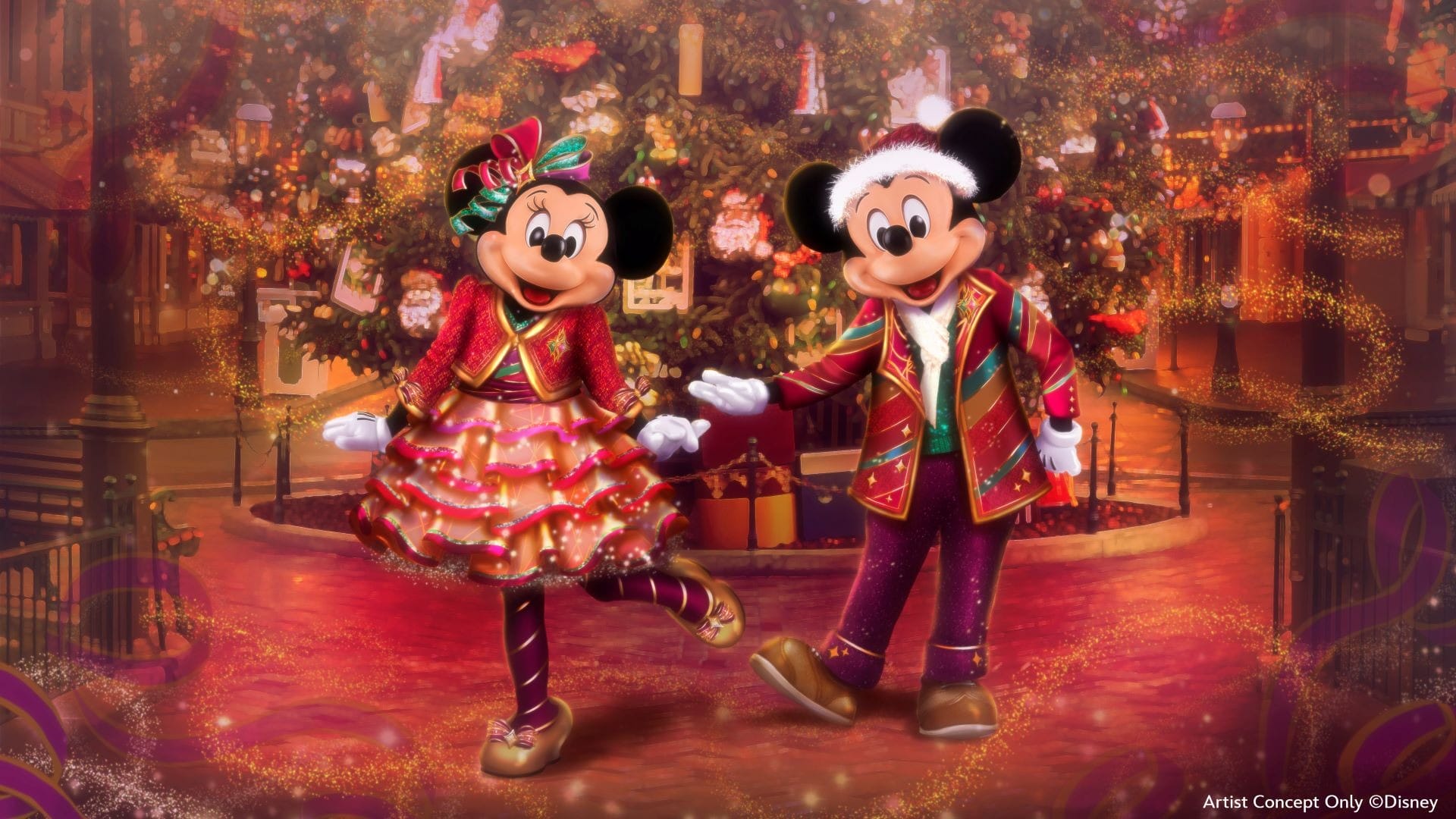 Minnie and Mickey Mouse in festive holiday outfits stand smiling in front of a decorated Christmas tree.