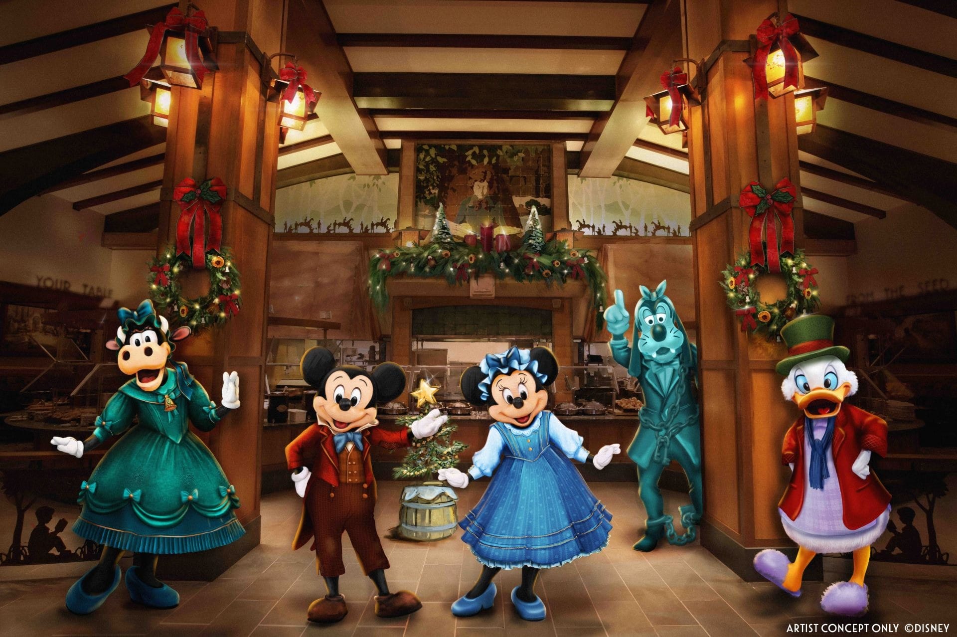 Concept art of Clarabelle Cow, Mickey Mouse, Minnie Mouse, Goofy, and Scrooge McDuck stand in a festive decorated room, dressed in their costumes from Mickey's Christmas Carol.
