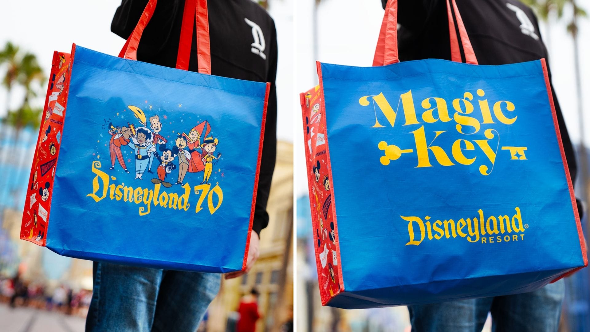 Blue Disneyland 70th anniversary Magic Key tote bag with cartoon characters, held by a person outdoors.