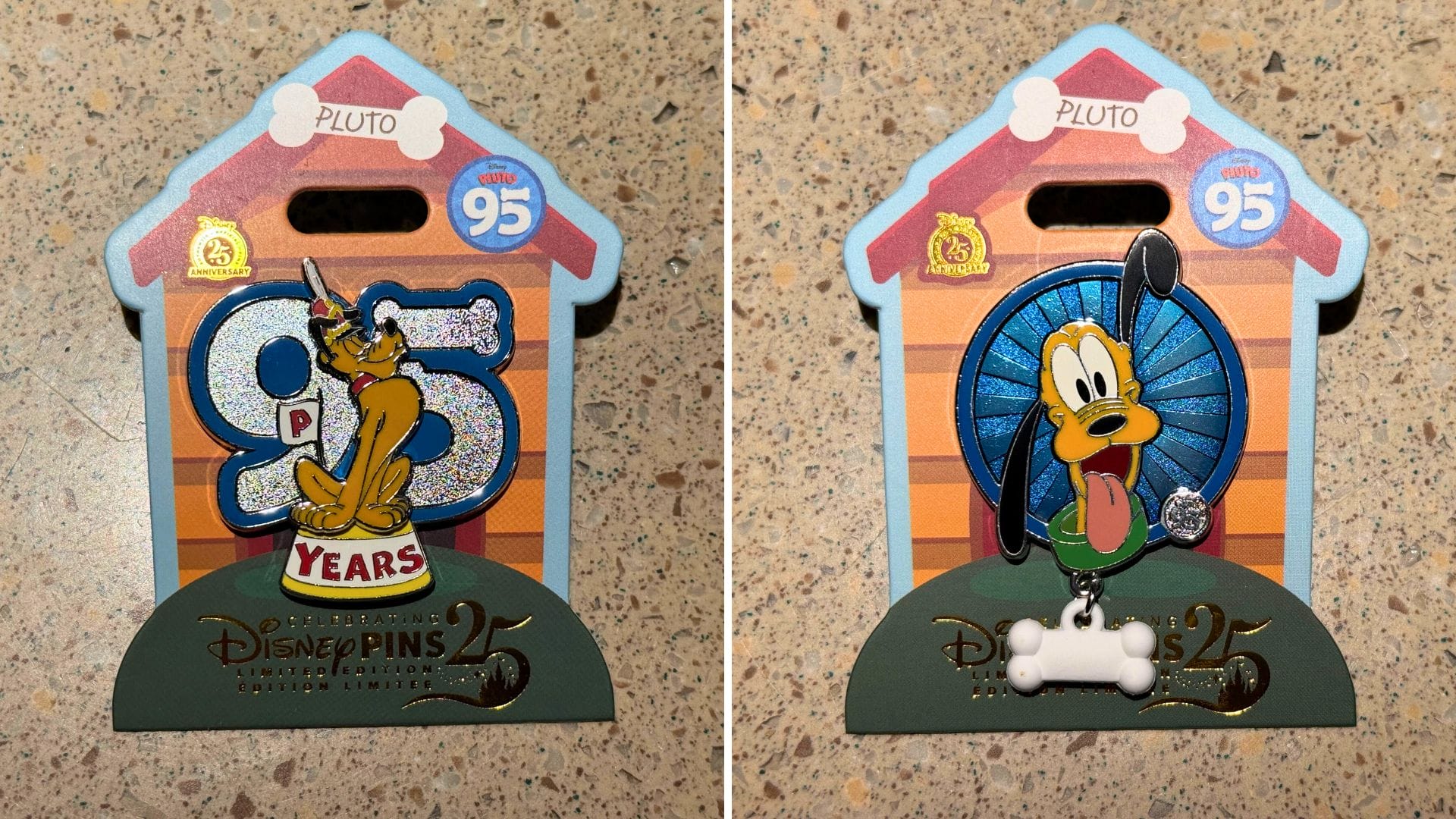 Two Limited Edition Pins celebrate Pluto's 95th Anniversary on Pluto-themed doghouse cards from Walt Disney World.